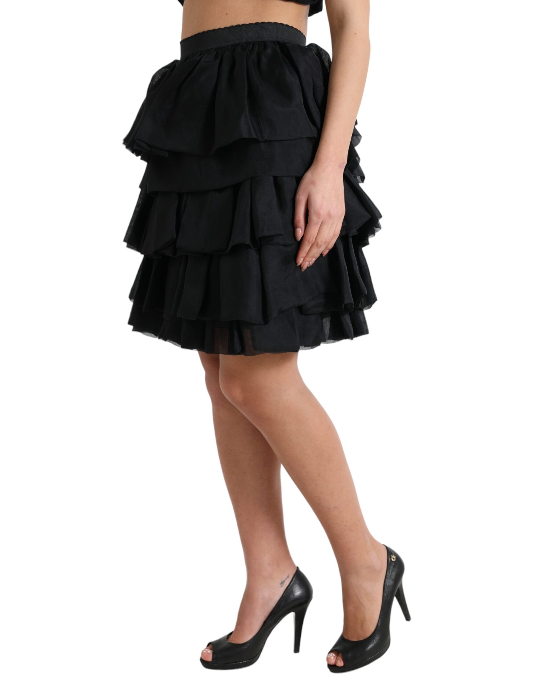 Dolce & Gabbana Black Tiered Aline High Waist Silk Mini Skirt | Regal Royce