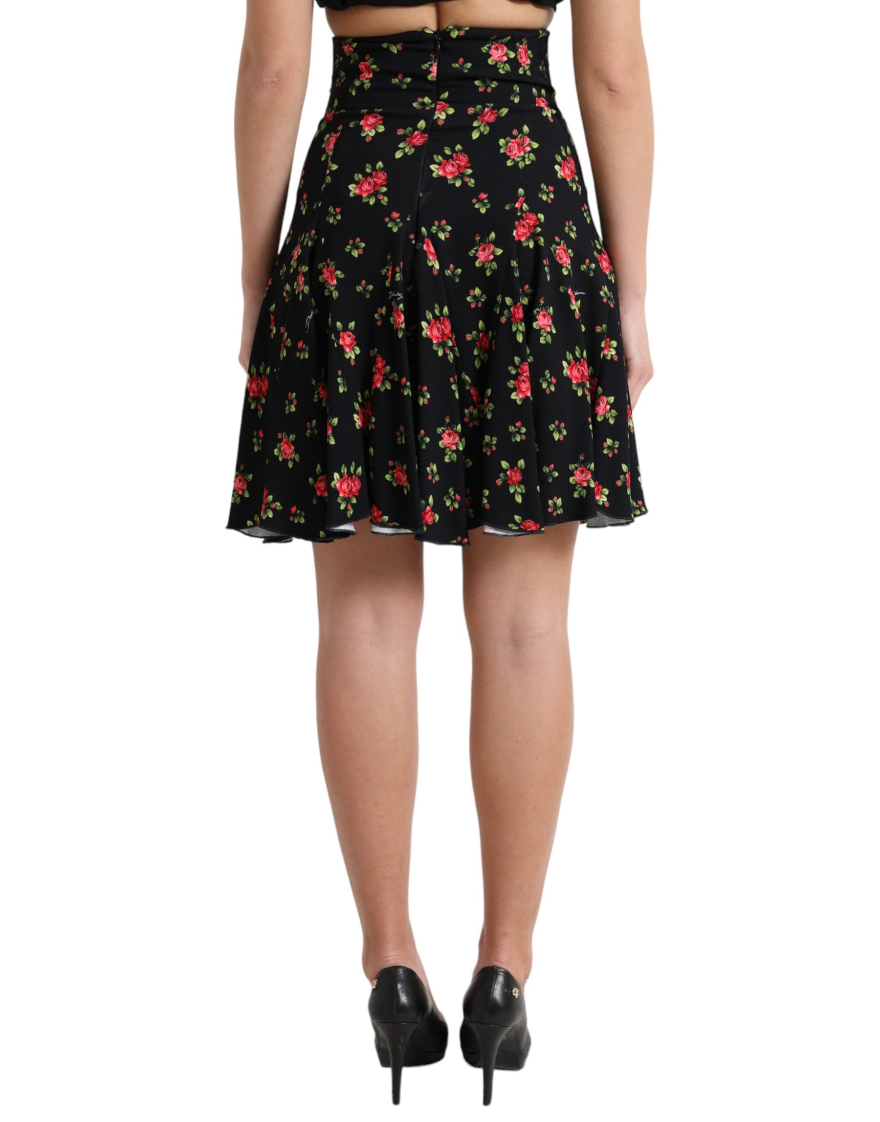 Dolce & Gabbana Black Rose Print High Waist A-line Mini Skirt | Regal Royce