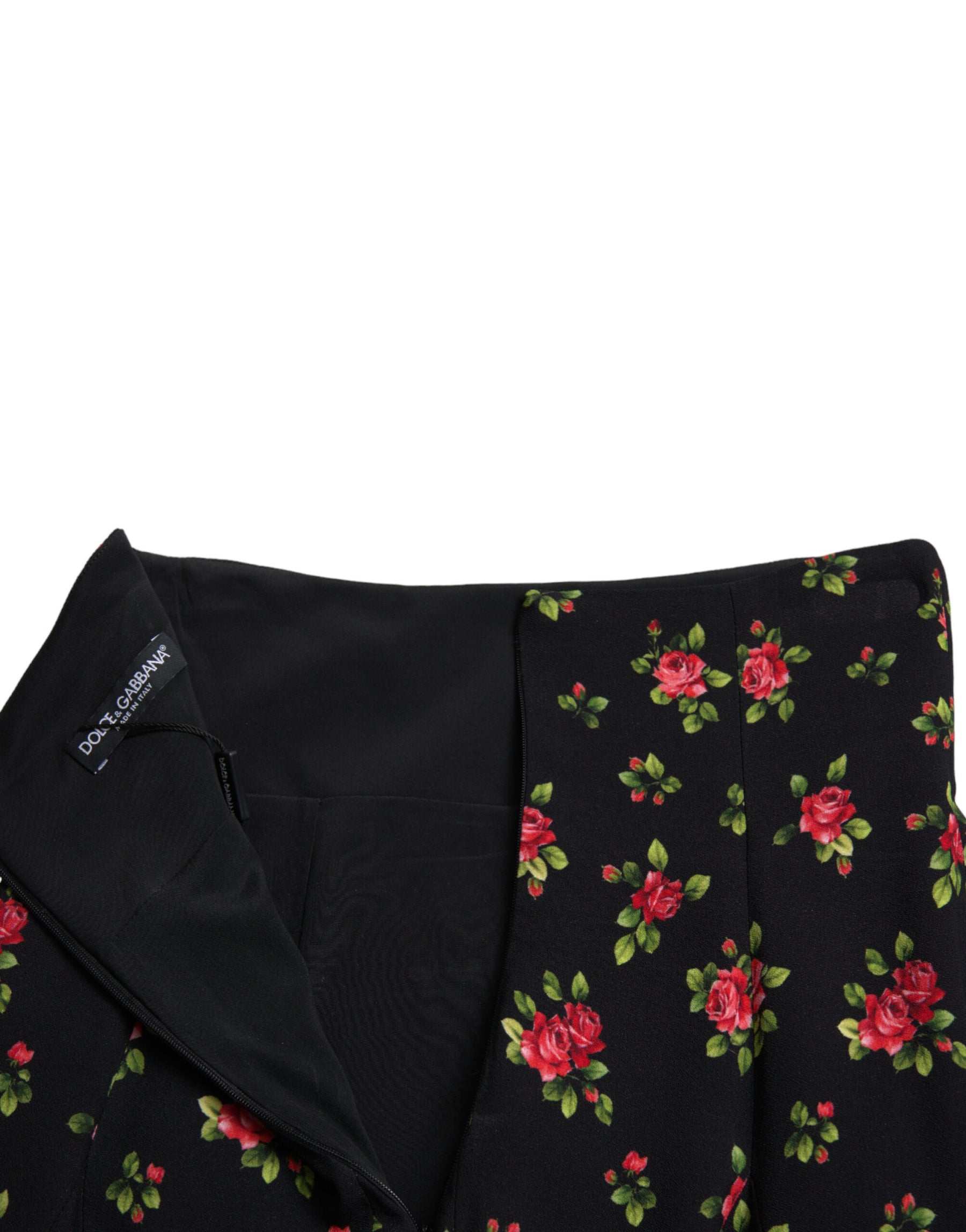 Dolce & Gabbana Black Rose Print High Waist A-line Mini Skirt | Regal Royce
