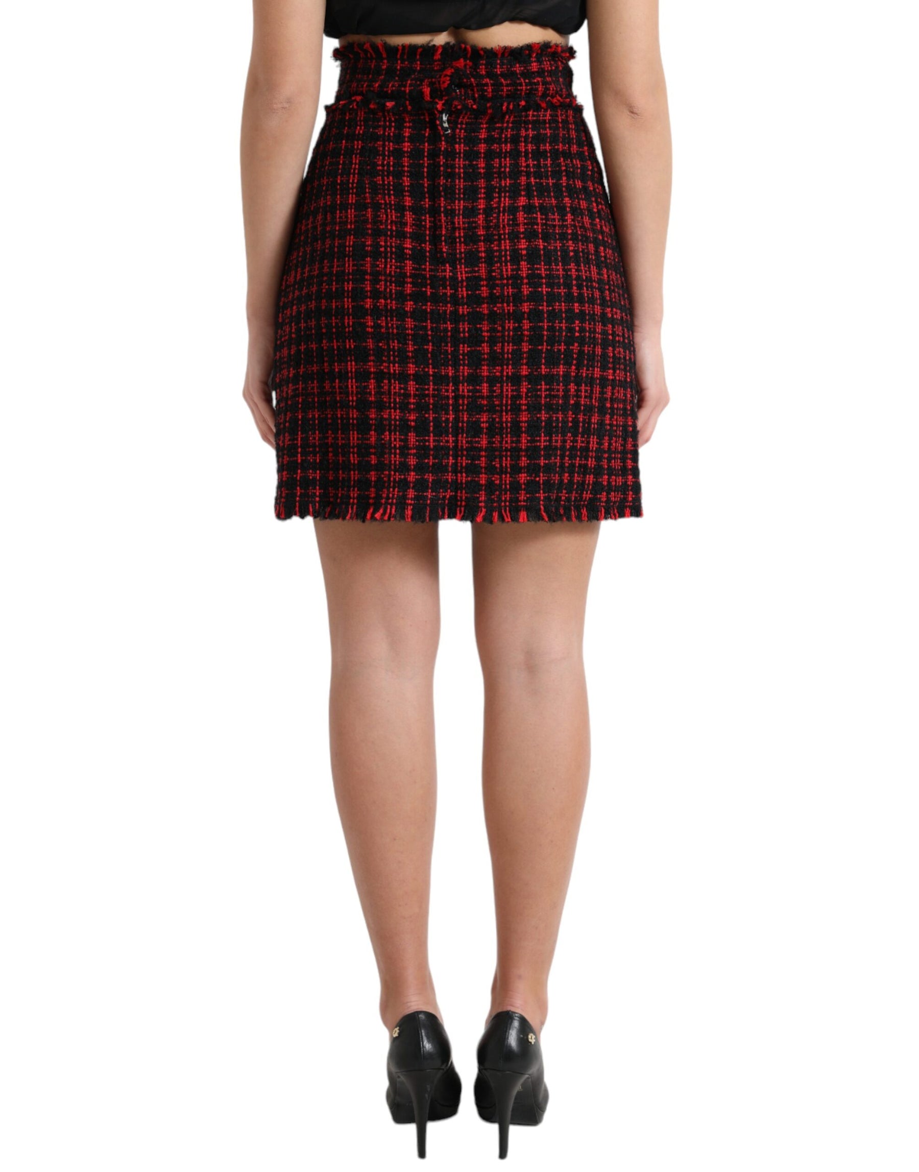 Dolce & Gabbana Black Red Cotton High Waist Tartan Tweed Mini Skirt | Regal Royce