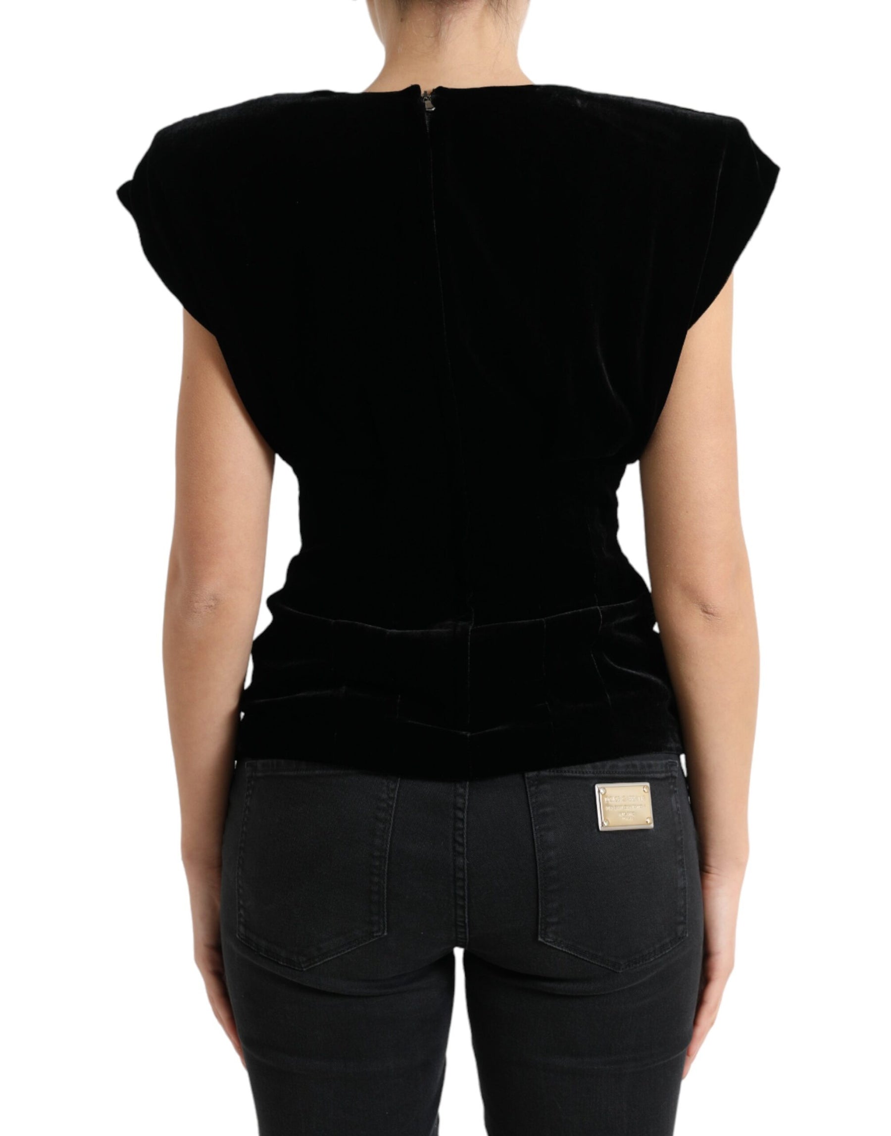 Dolce & Gabbana Black Velvet Fitted Padded Shoulder Blouse Top | Regal Royce