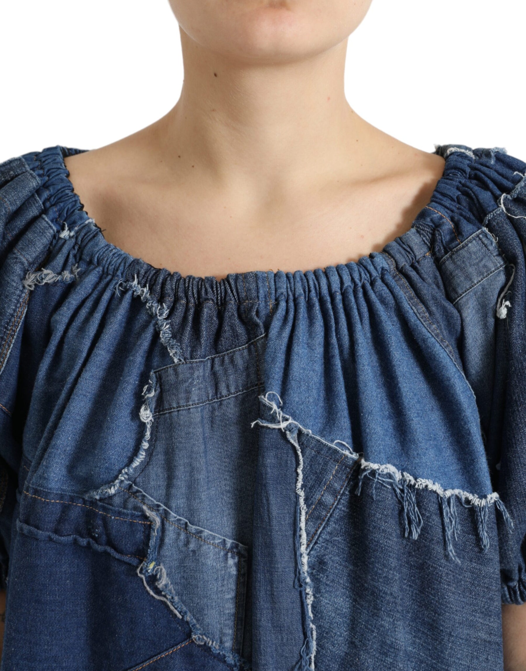 Dolce & Gabbana Blue Patchwork Short Sleeves Denim Blouse Top | Regal Royce