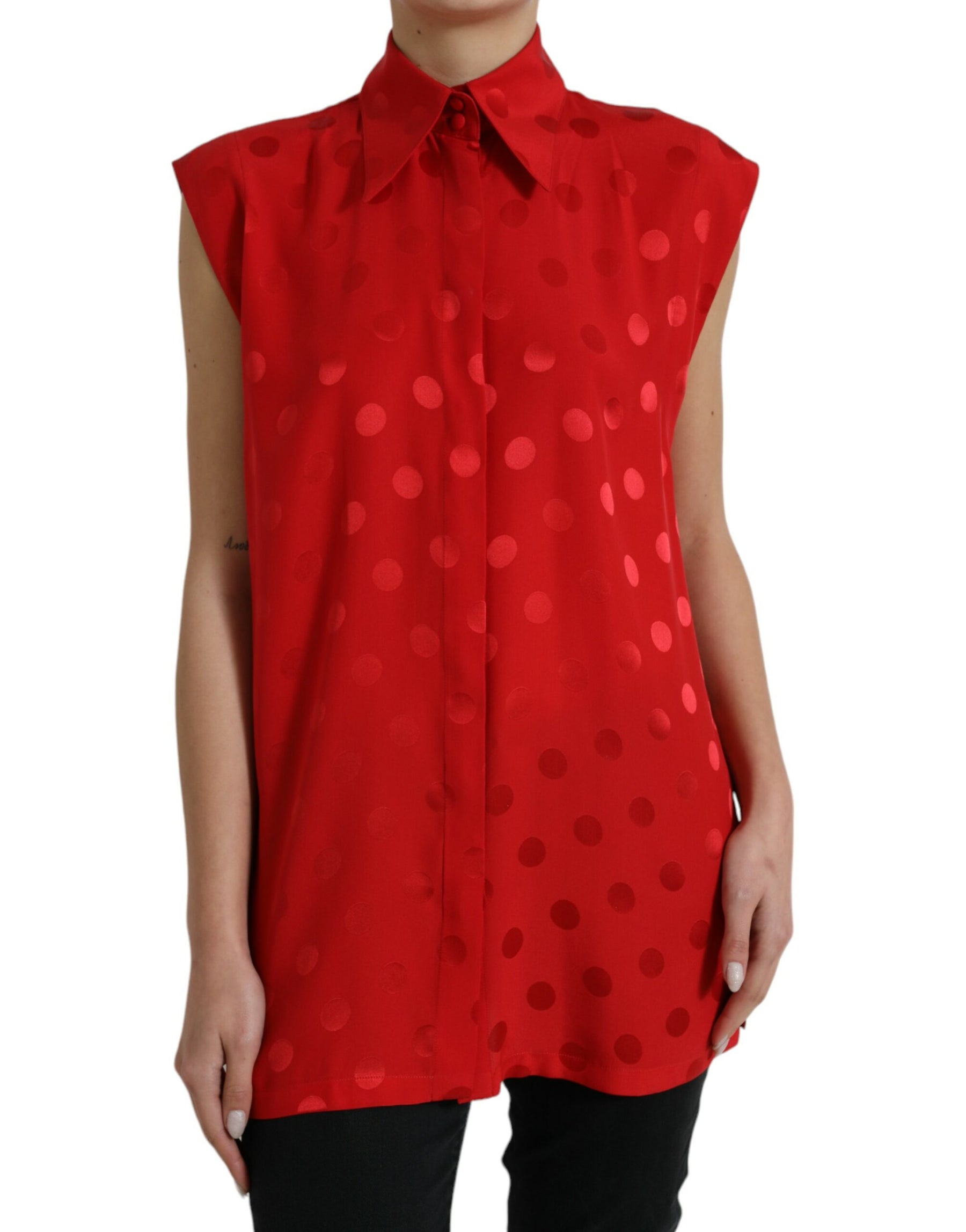 Dolce & Gabbana Red Polka Dot Sleeveless Collared Blouse Top | Regal Royce