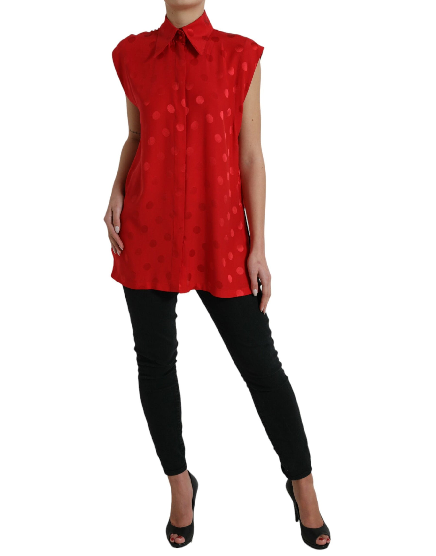 Dolce & Gabbana Red Polka Dot Sleeveless Collared Blouse Top | Regal Royce