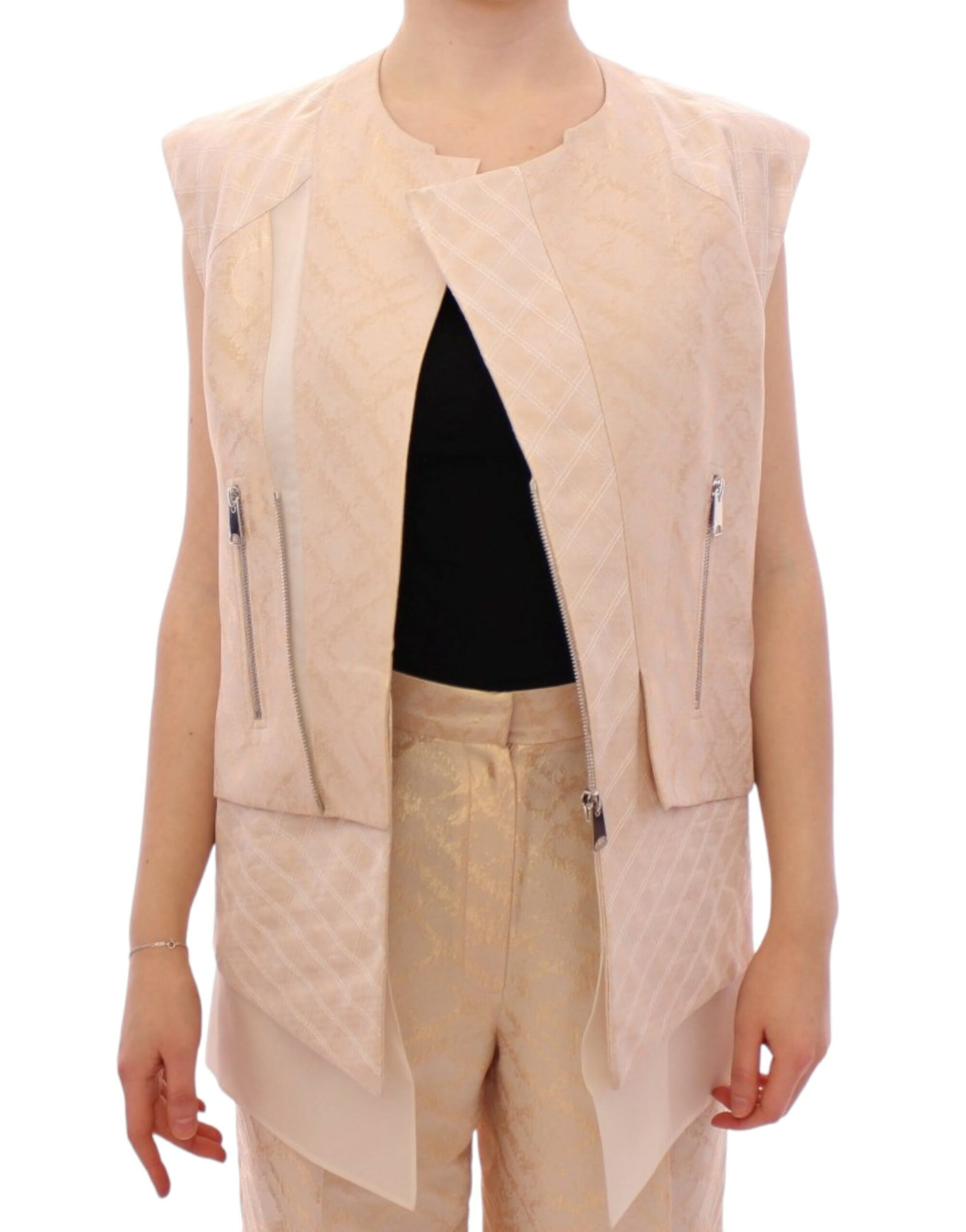 Zeyneptosun Beige brocade sleeveless jacket | Regal Royce