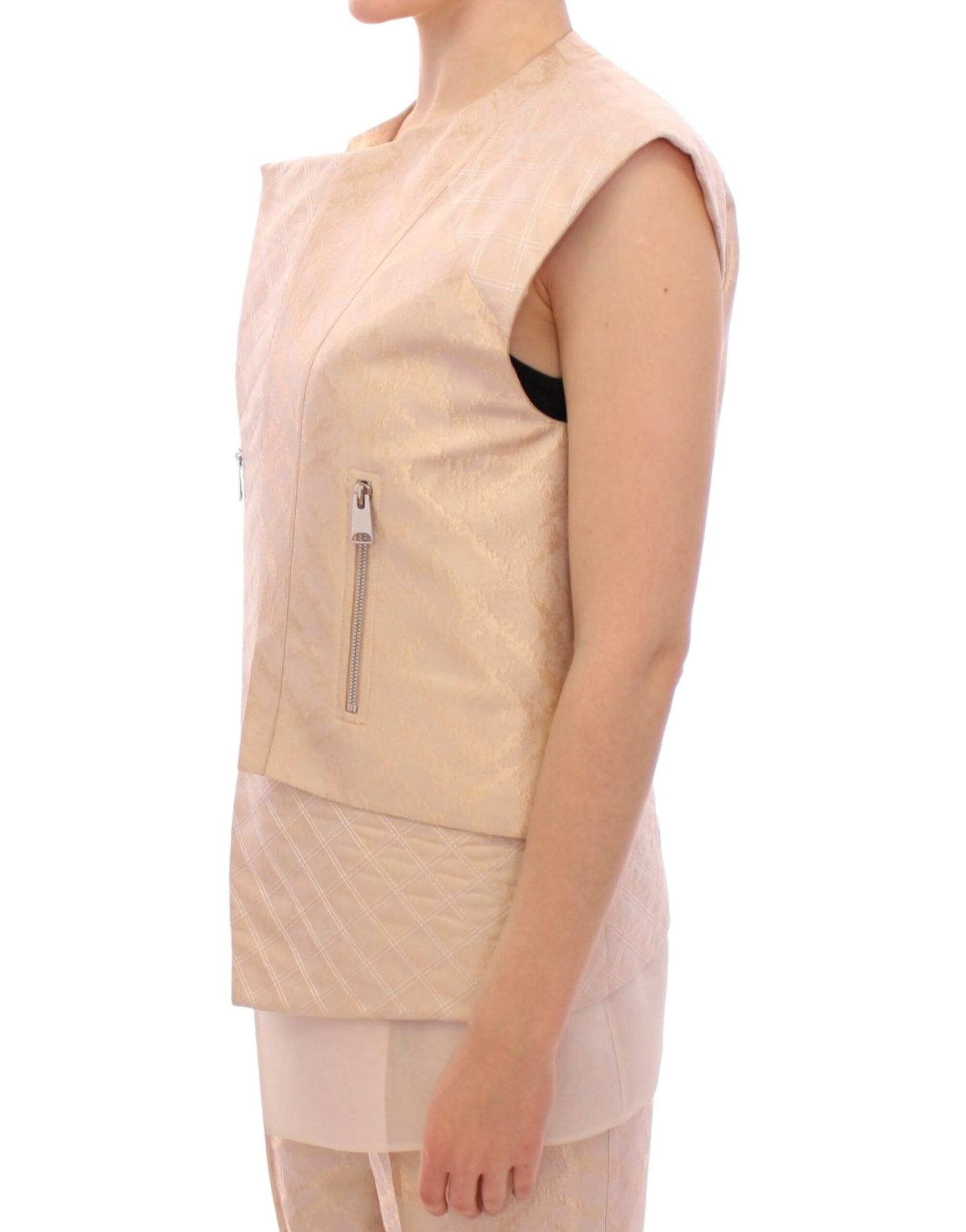 Zeyneptosun Beige brocade sleeveless jacket | Regal Royce