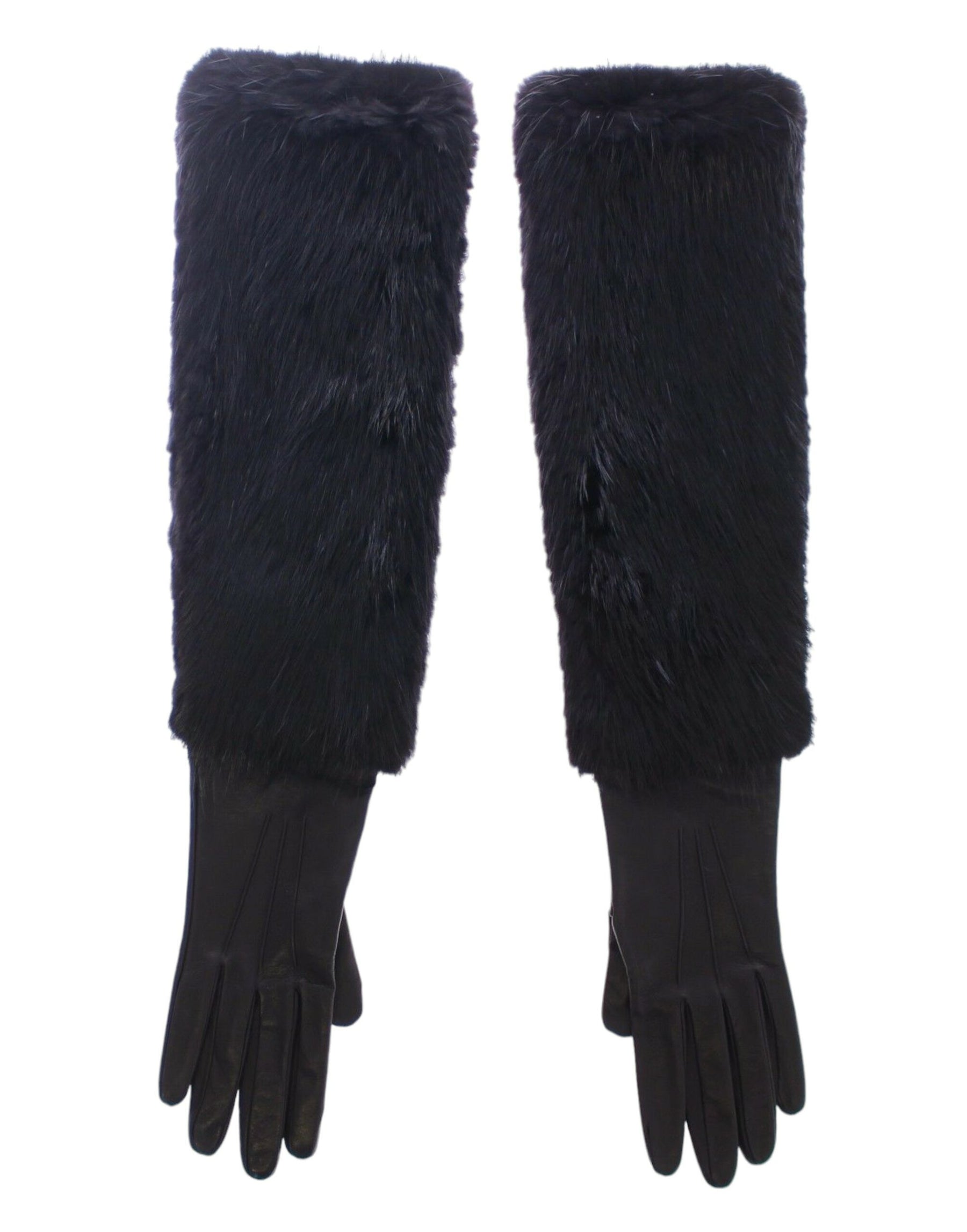 Dolce & Gabbana Black Beaver Fur Lambskin Leather Elbow Gloves | Regal Royce