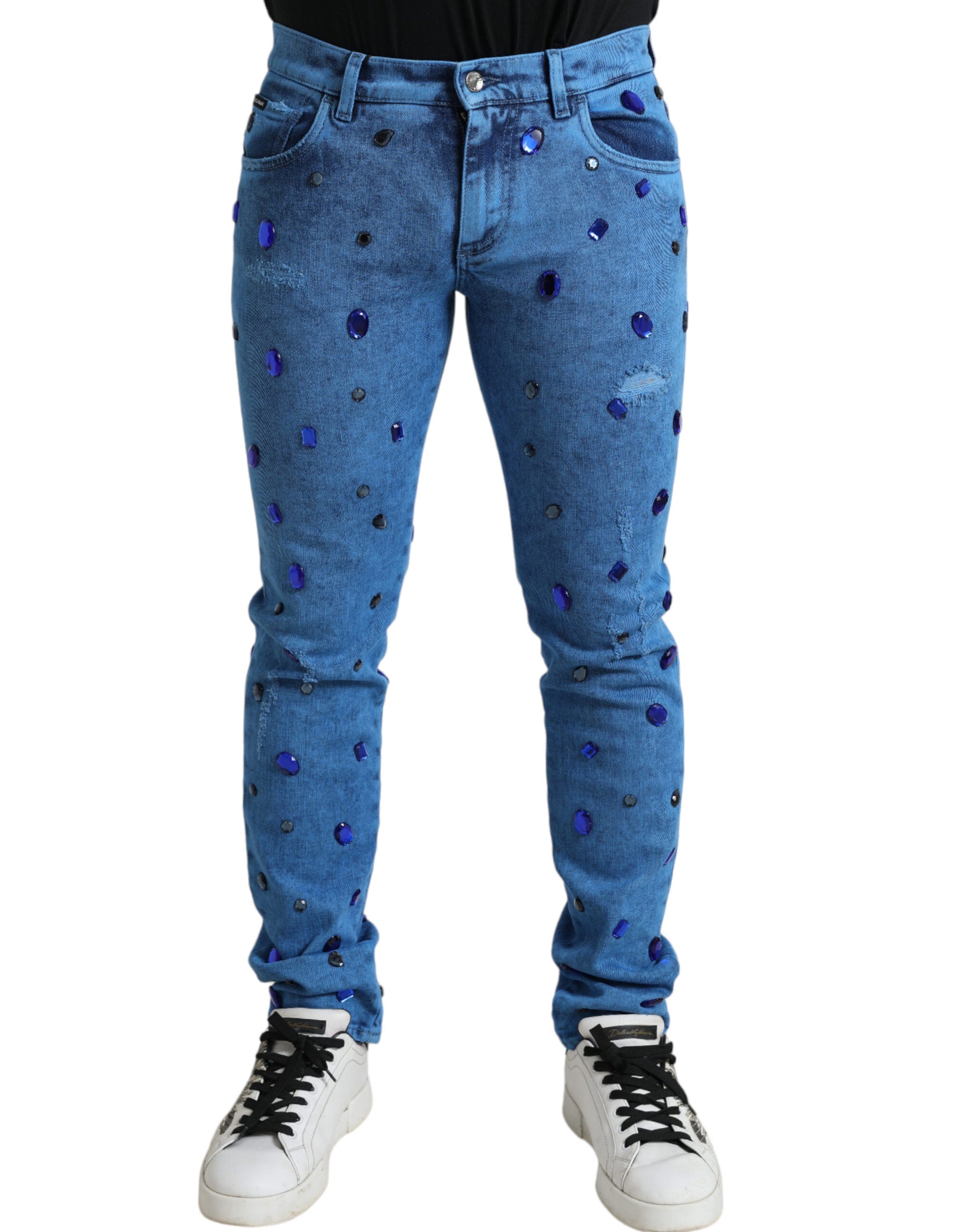 Dolce & Gabbana Blue Crystal Embellished Skinny Denim Jeans | Regal Royce