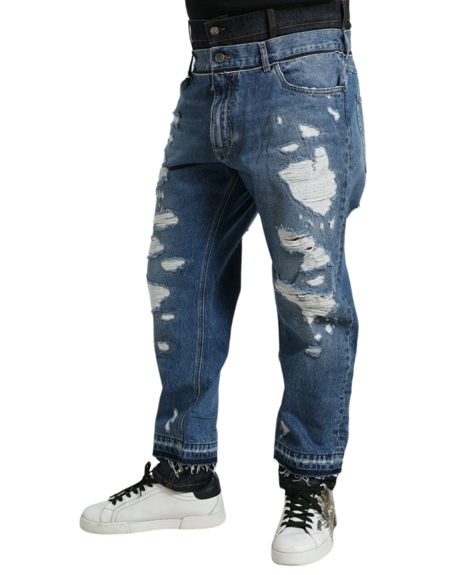 Dolce & Gabbana Blue Tattered Cotton Men Denim Jeans | Regal Royce