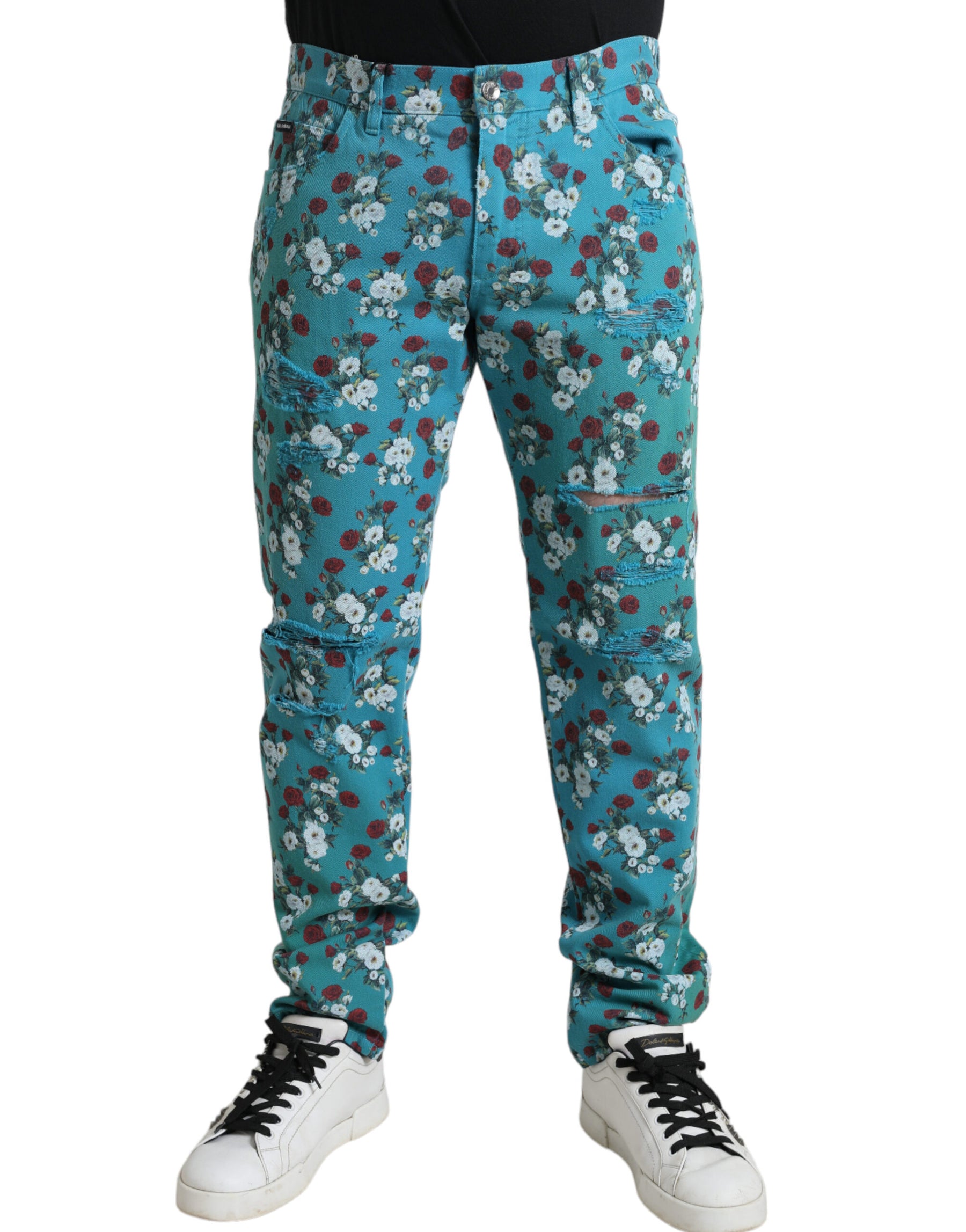Dolce & Gabbana Blue Floral Print Skinny Cotton Denim Pants | Regal Royce