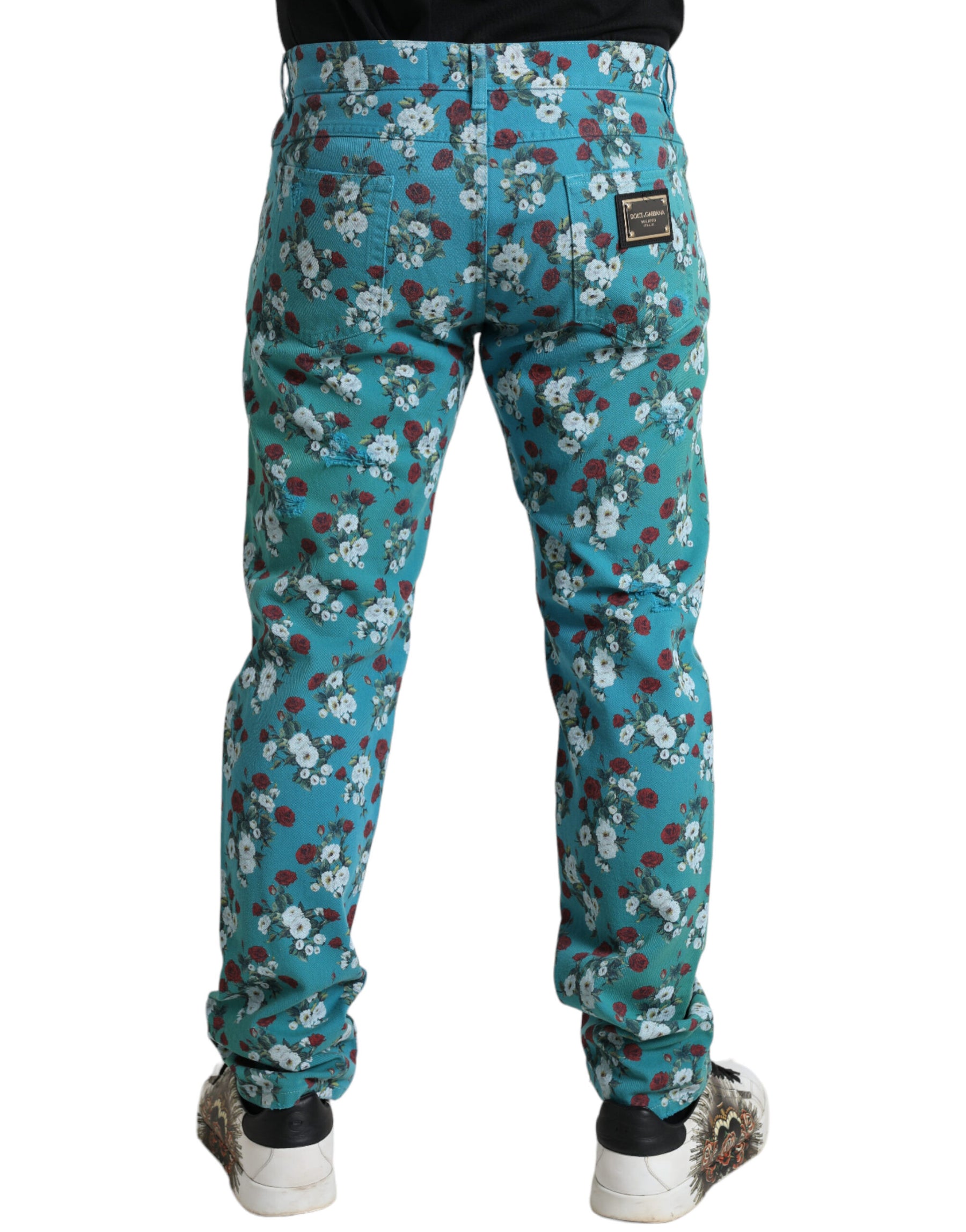 Dolce & Gabbana Blue Floral Print Skinny Cotton Denim Pants | Regal Royce