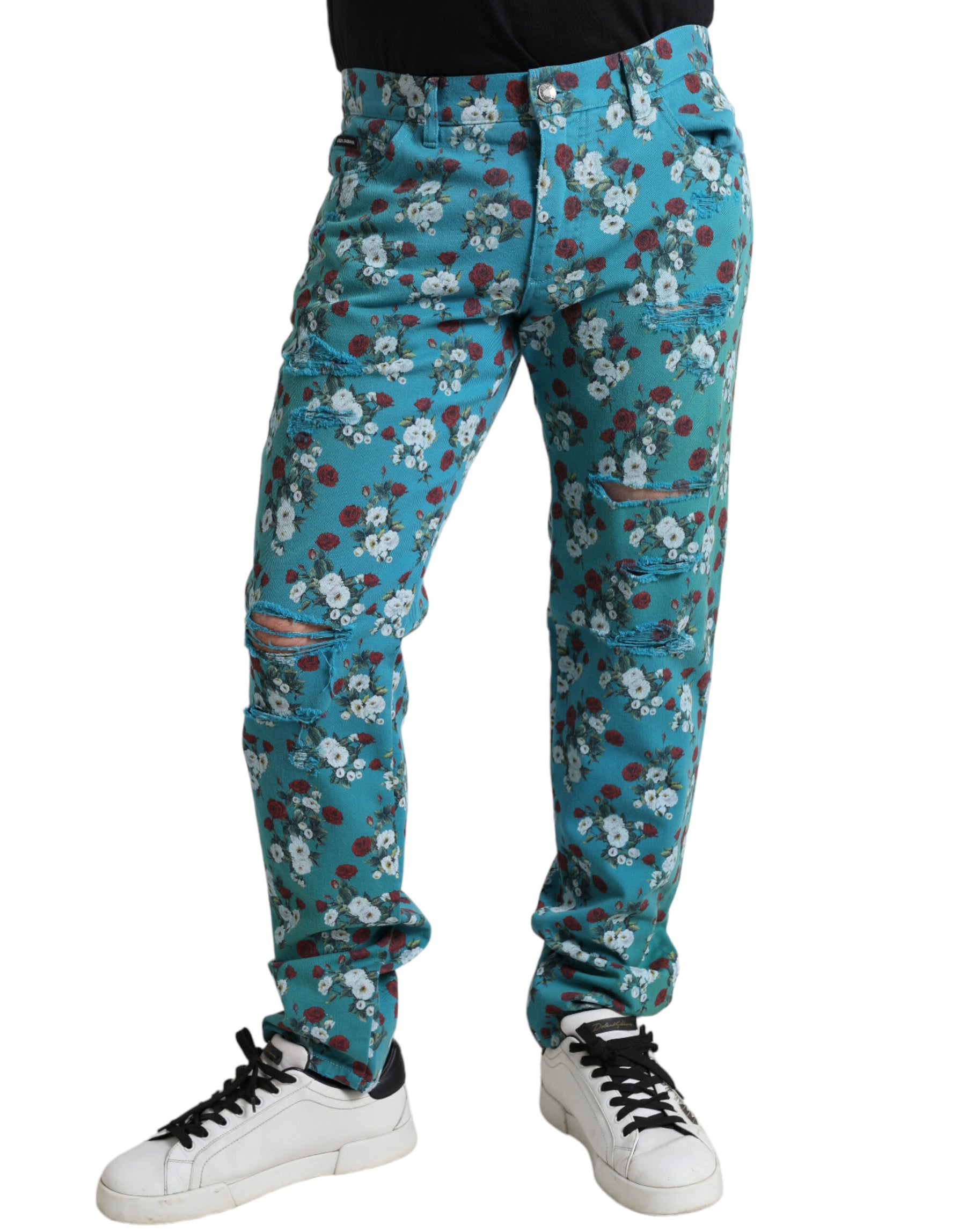 Dolce & Gabbana Blue Floral Print Skinny Cotton Denim Pants | Regal Royce