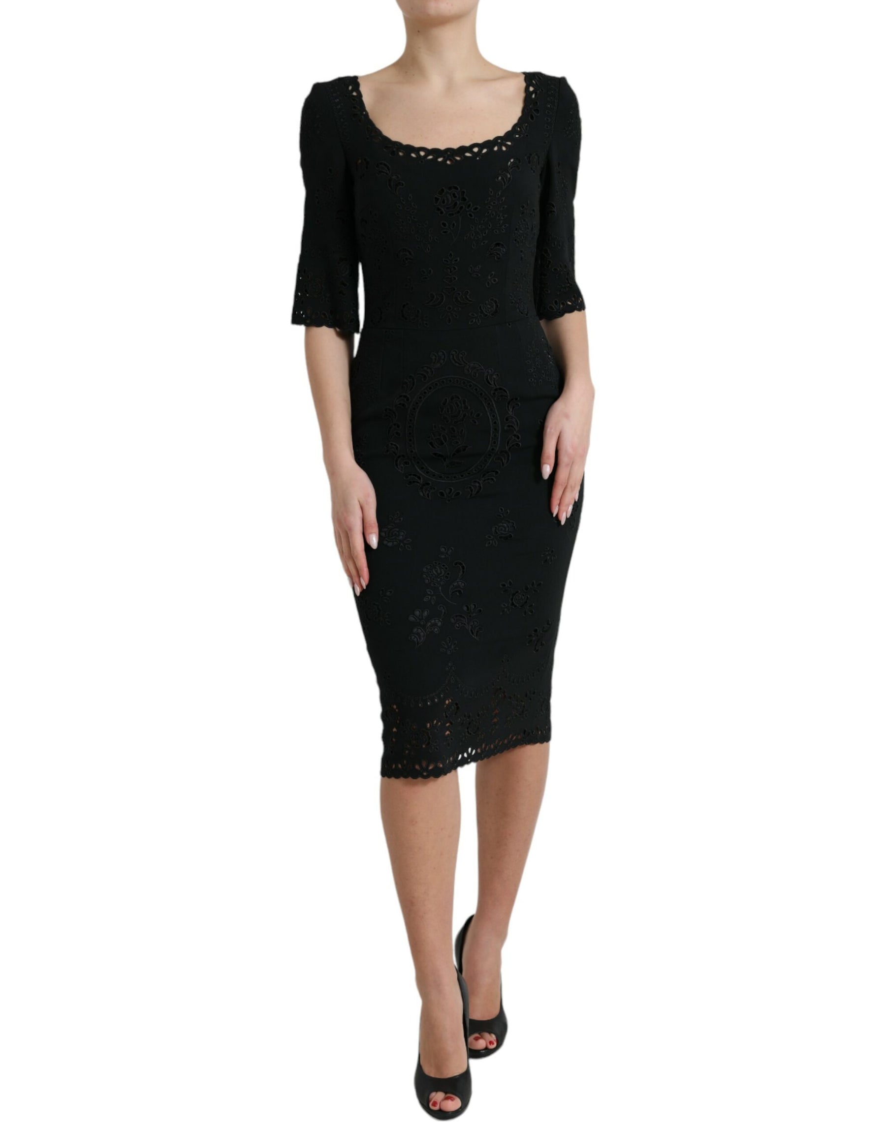 Dolce & Gabbana Black Floral Lace Viscose Bodycon Midi Dress | Regal Royce