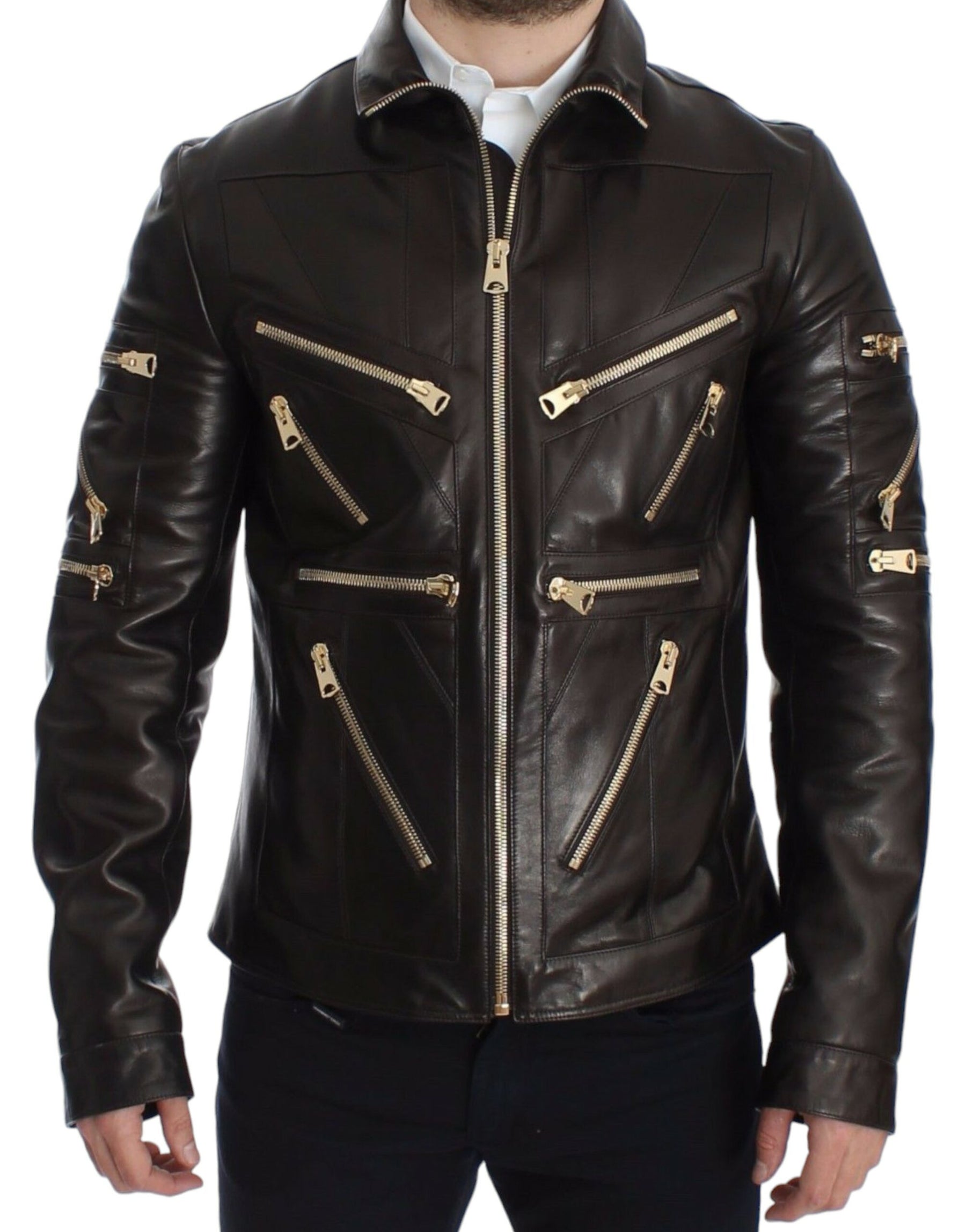 Dolce & Gabbana Brown Lambskin Leather Zipper Jacket | Regal Royce