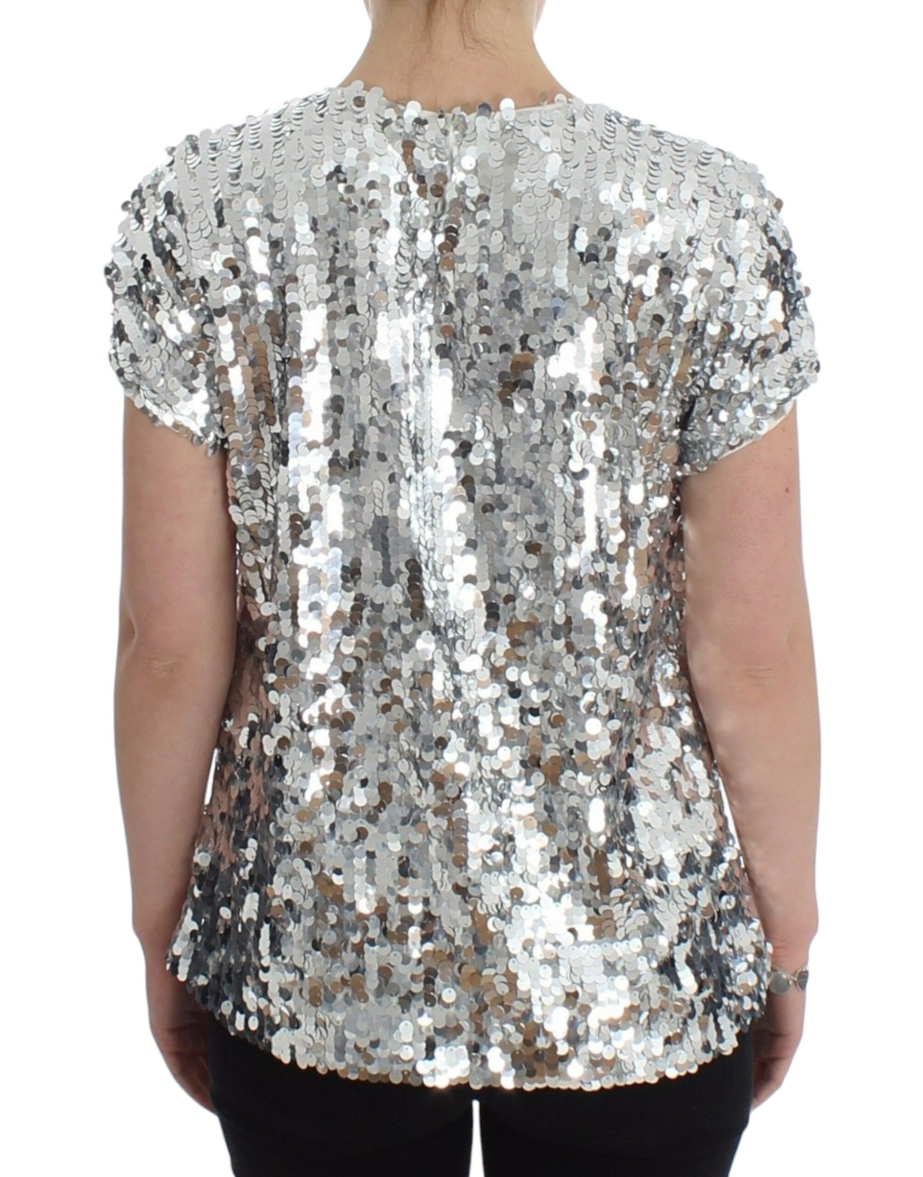 Dolce & Gabbana Silver Sequined Crewneck Blouse T-shirt Top | Regal Royce