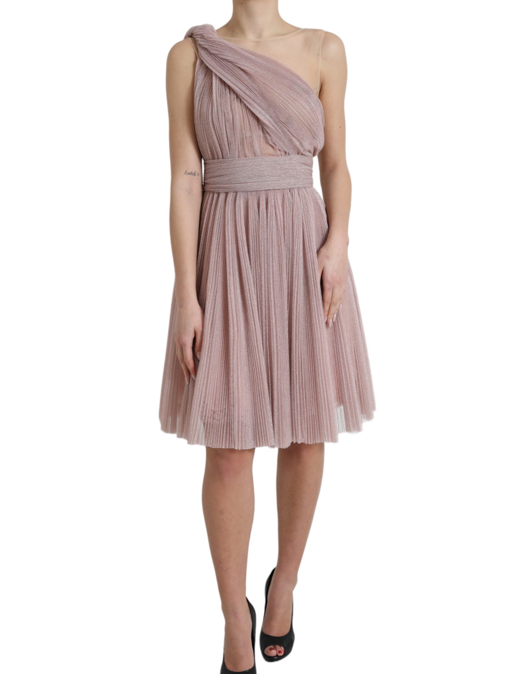 Dolce & Gabbana Pink One Shoulder Pleated Lame Tulle Dress | Regal Royce