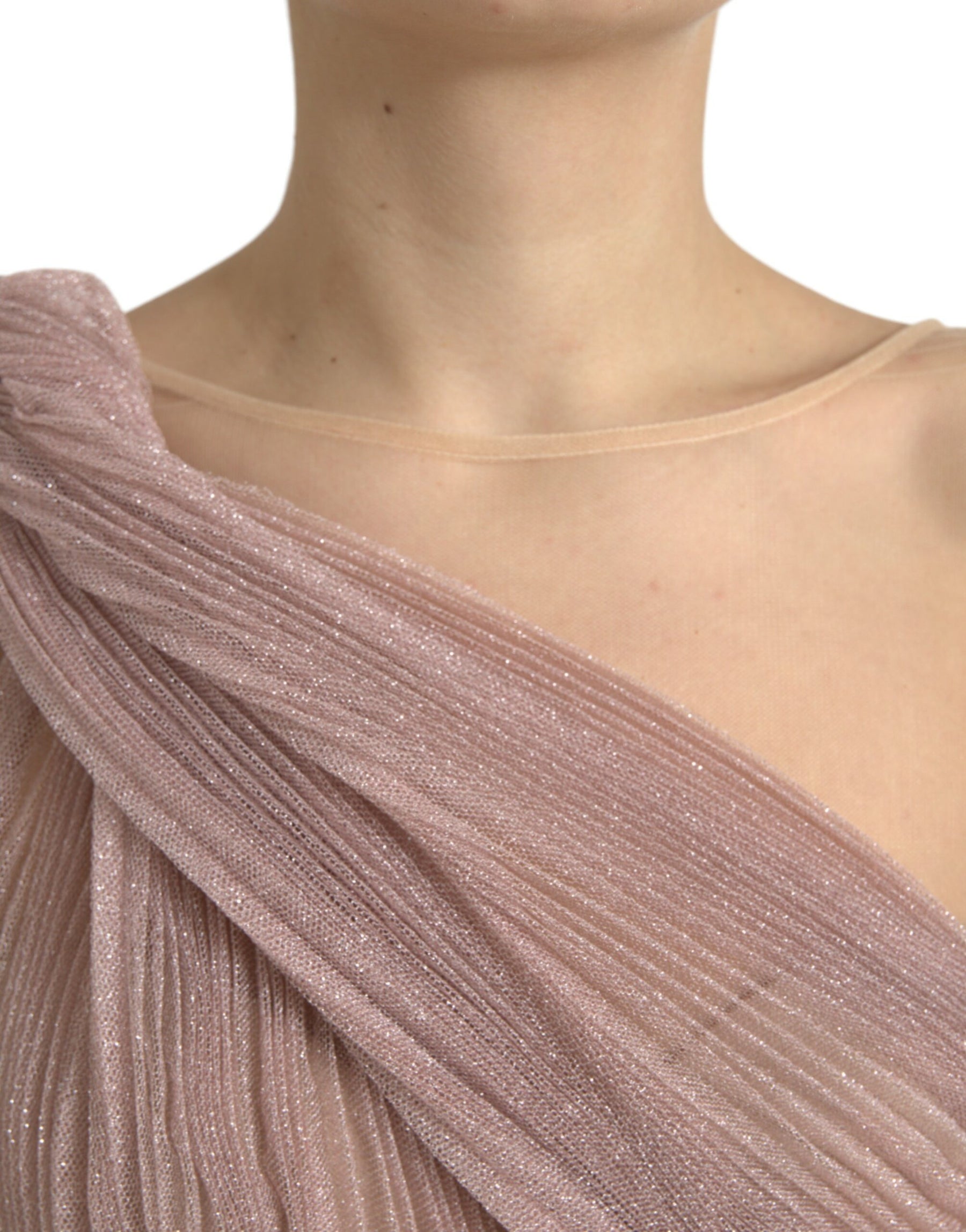 Dolce & Gabbana Pink One Shoulder Pleated Lame Tulle Dress | Regal Royce