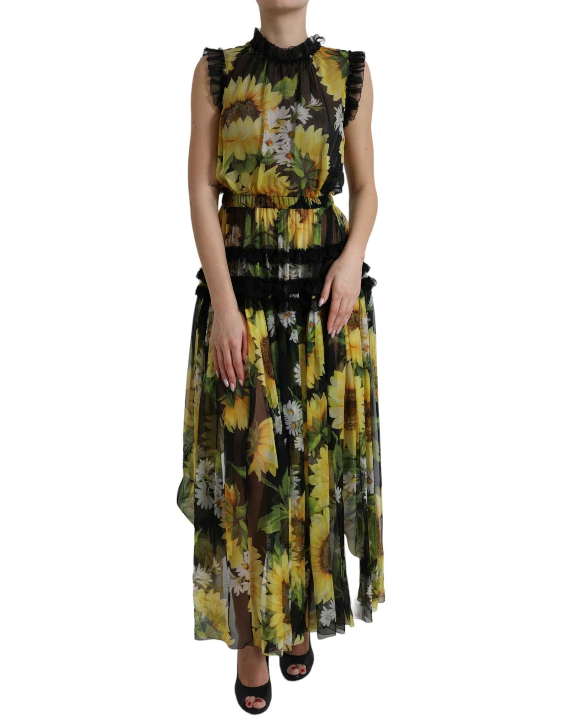 Dolce & Gabbana Black Sunflower A-line Pleated Maxi Dress | Regal Royce