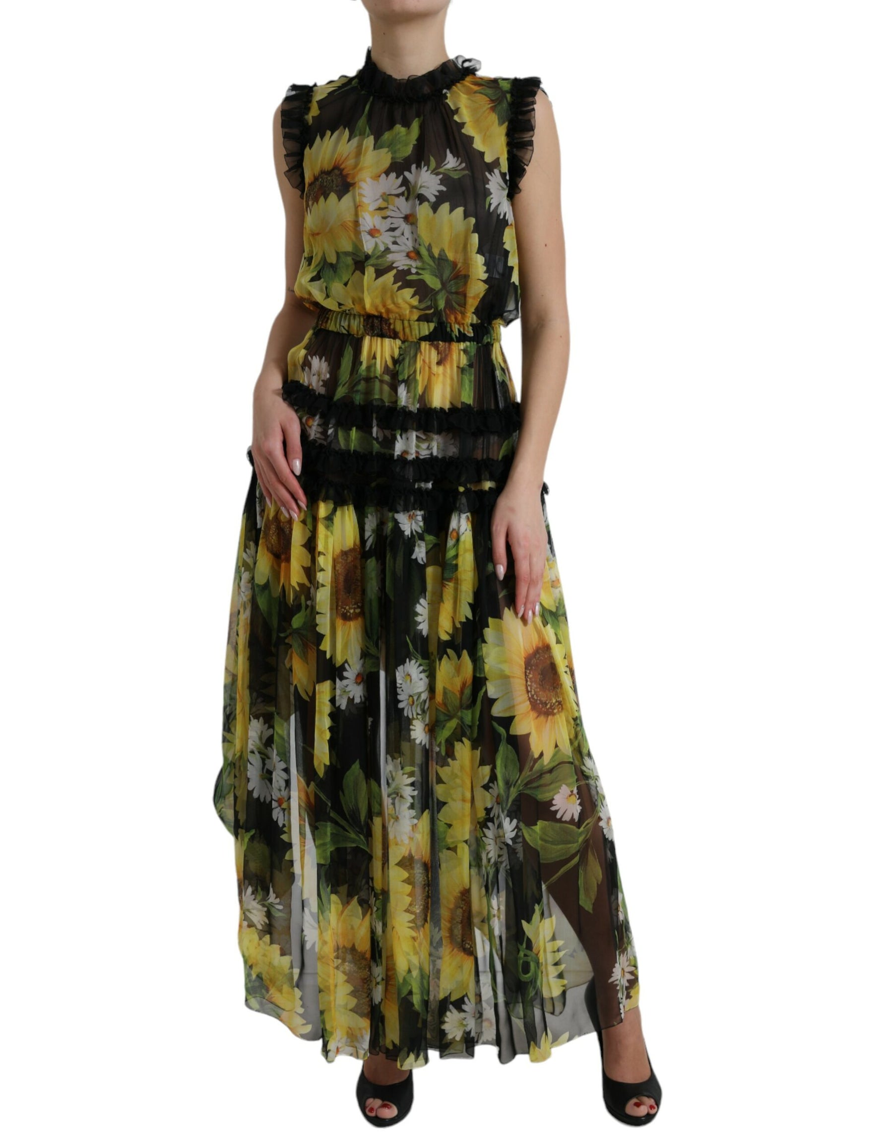 Dolce & Gabbana Black Sunflower A-line Pleated Maxi Dress | Regal Royce