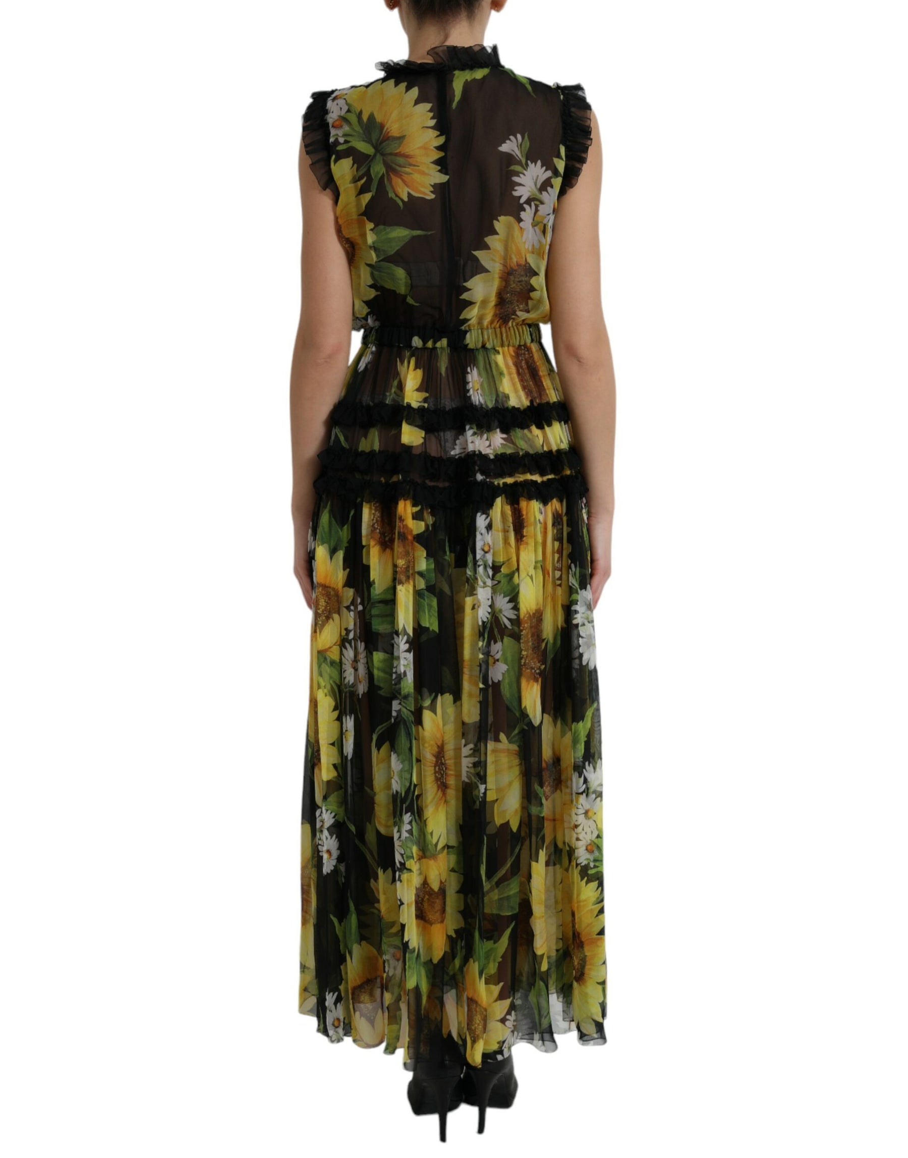 Dolce & Gabbana Black Sunflower A-line Pleated Maxi Dress | Regal Royce