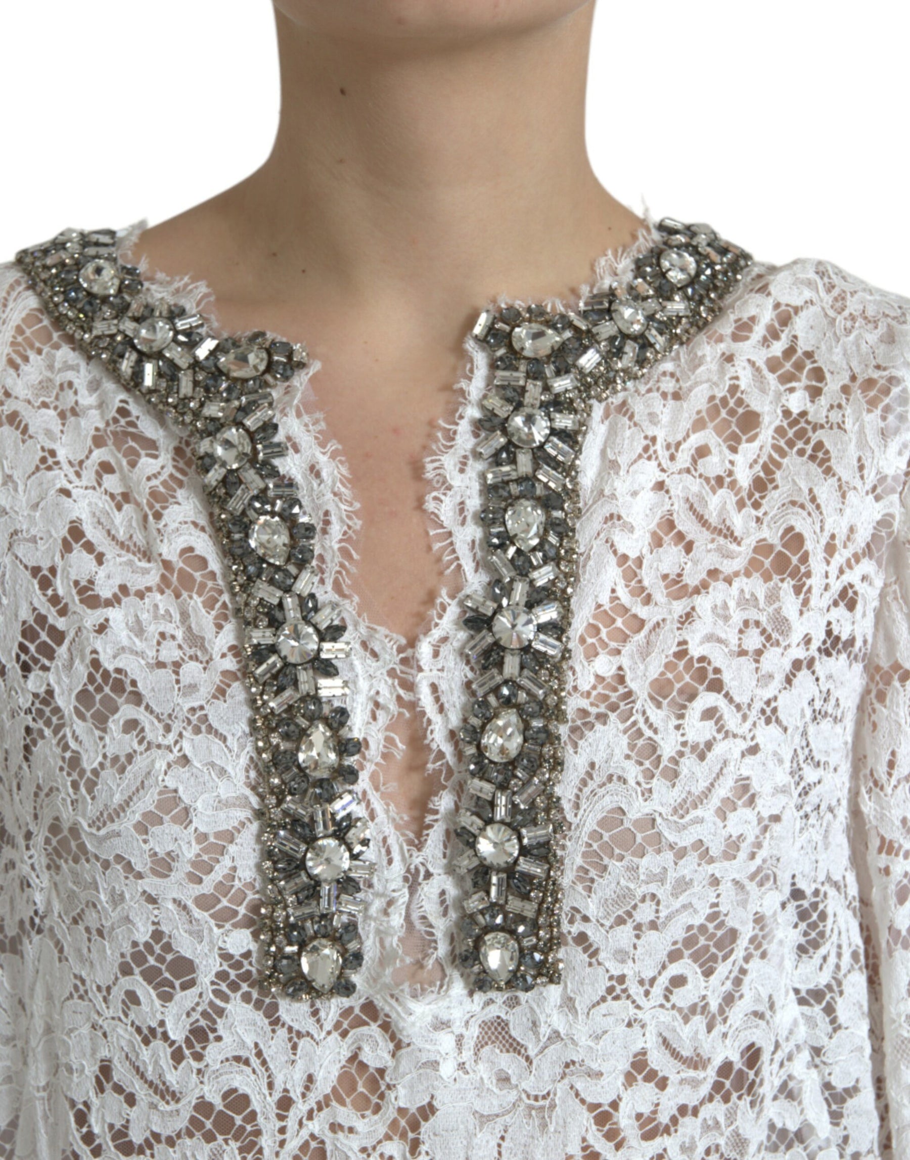 Dolce & Gabbana White Lace Crystal Embellished Shift Dress | Regal Royce