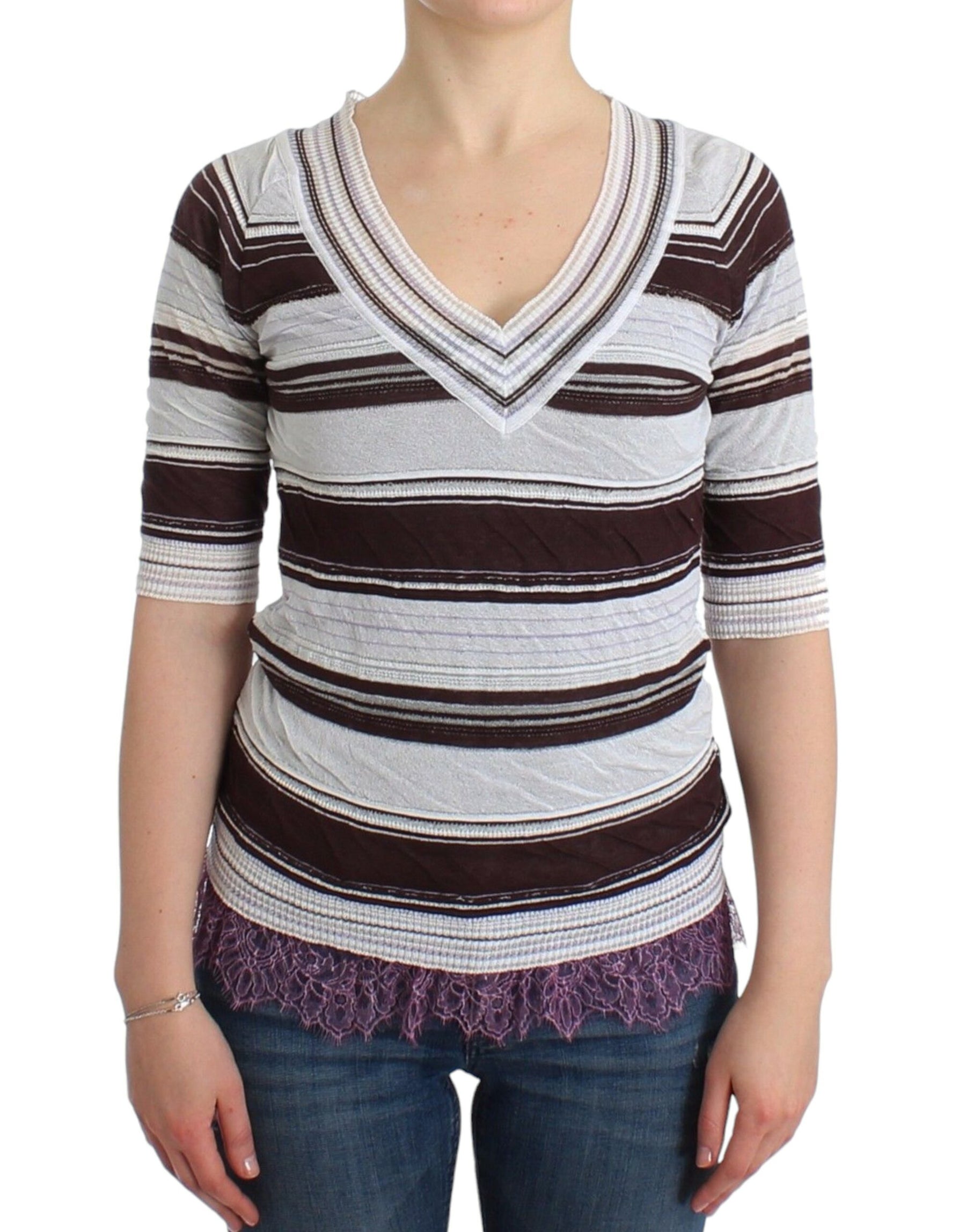 Ermanno Scervino Striped Lace V-Neck Short Sleeve Top Sweater | Regal Royce