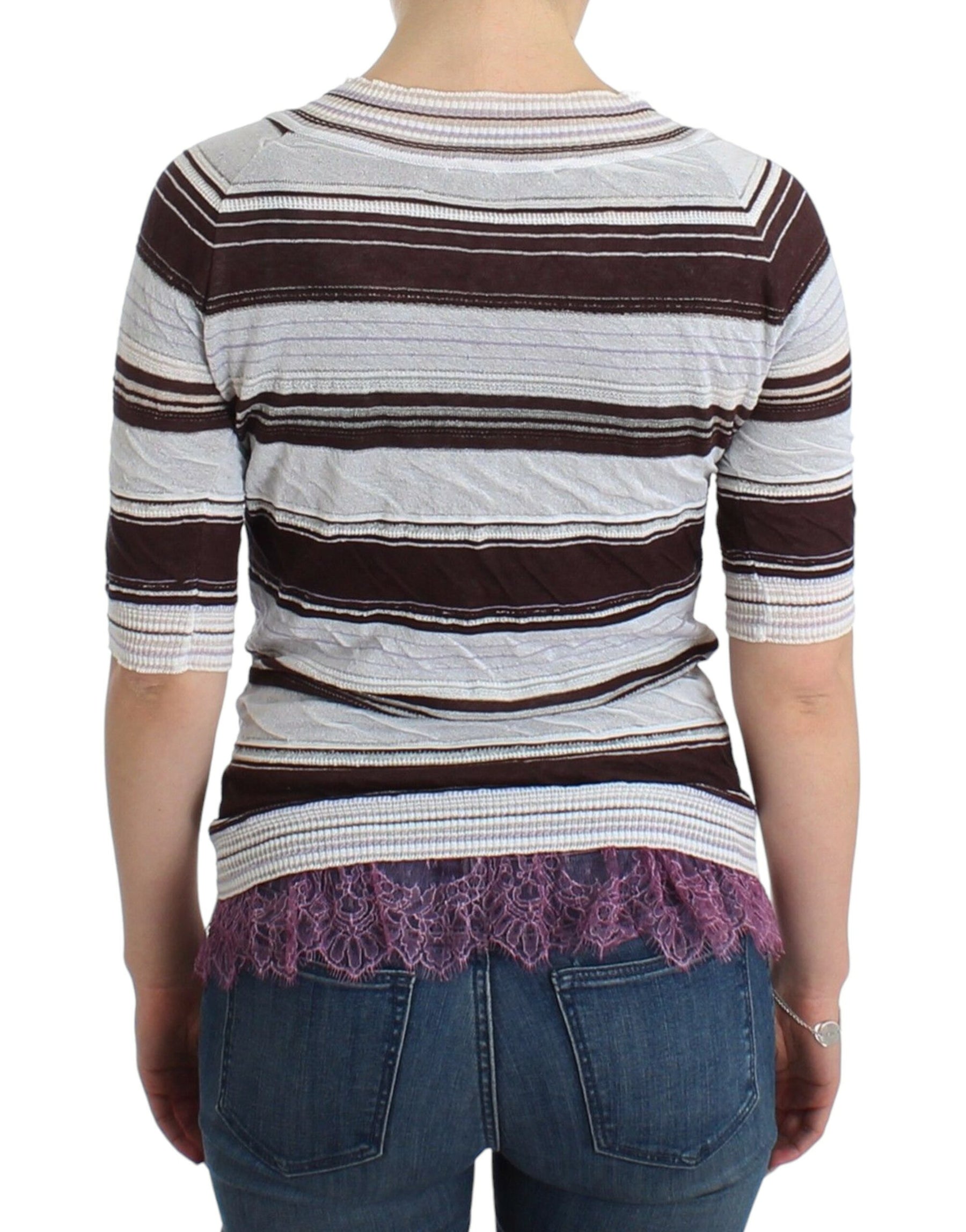 Ermanno Scervino Striped Lace V-Neck Short Sleeve Top Sweater | Regal Royce