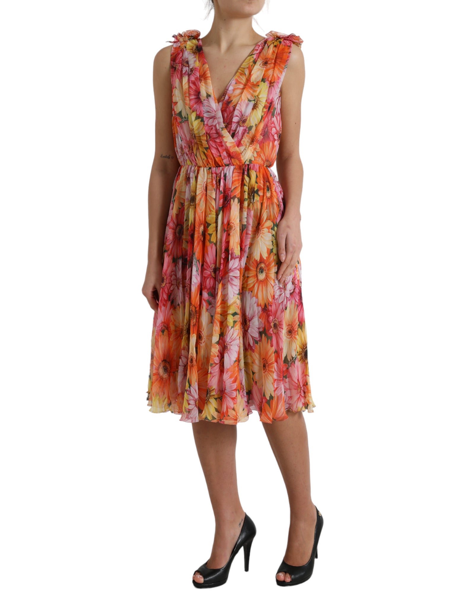 Dolce & Gabbana Multicolor Sunflower Print Silk Midi Dress | Regal Royce
