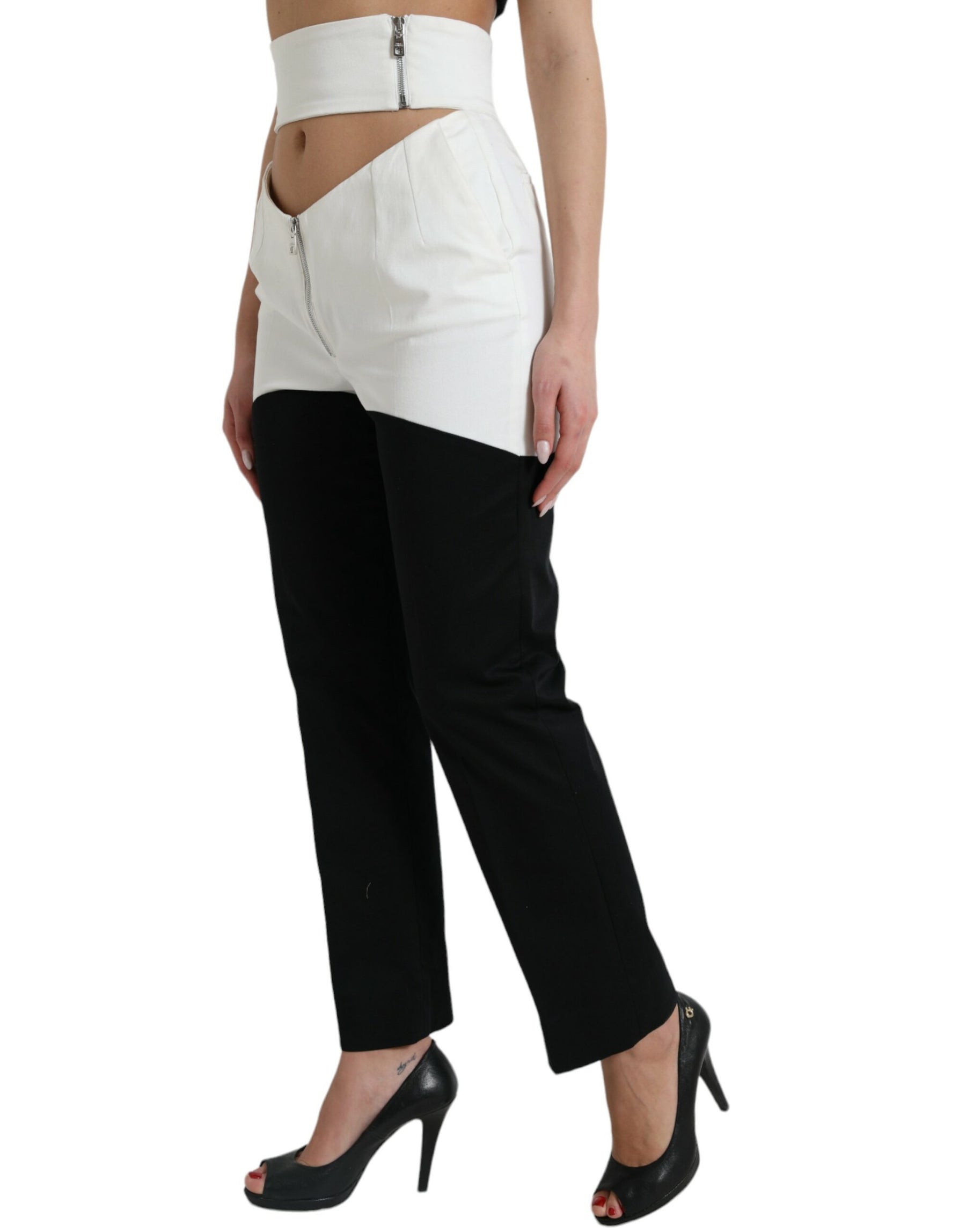 Dolce & Gabbana Black White Cotton Cut Out Waist Tapered Pants | Regal Royce