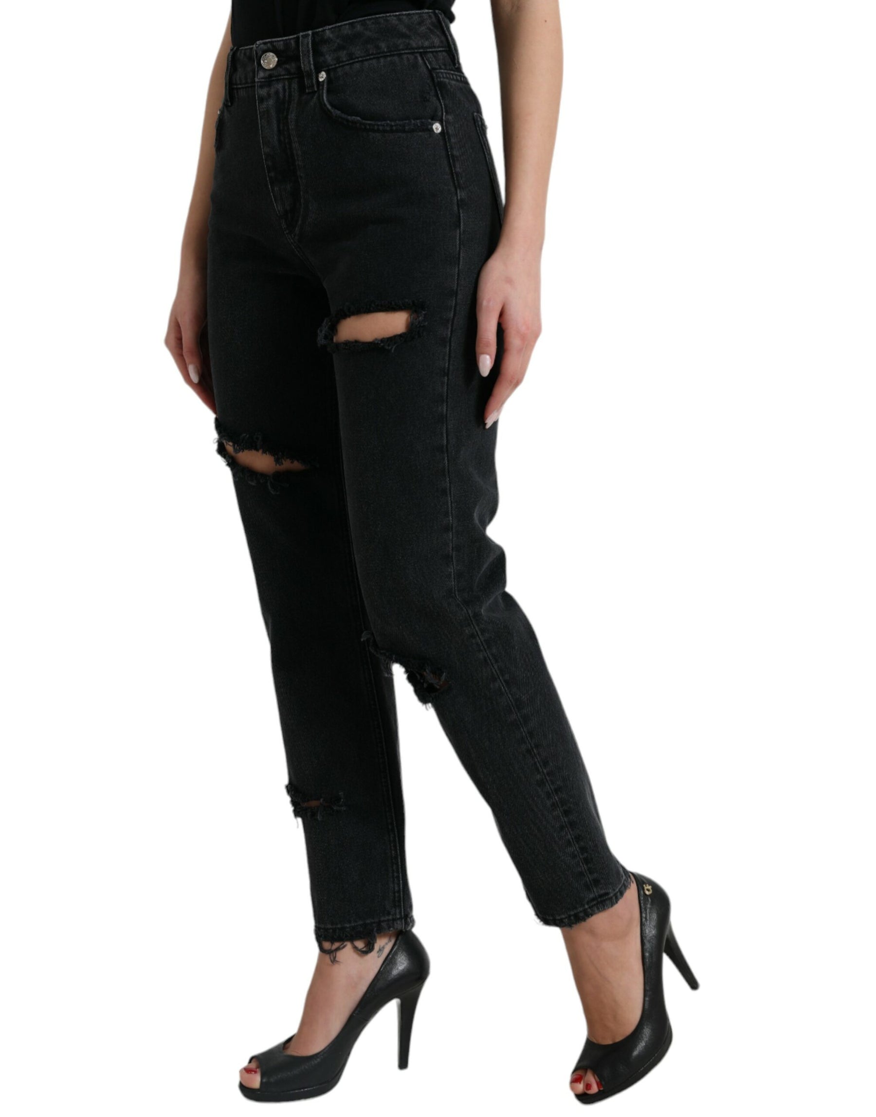 Dolce & Gabbana Black Cotton High Waist Tattered Denim Jeans | Regal Royce