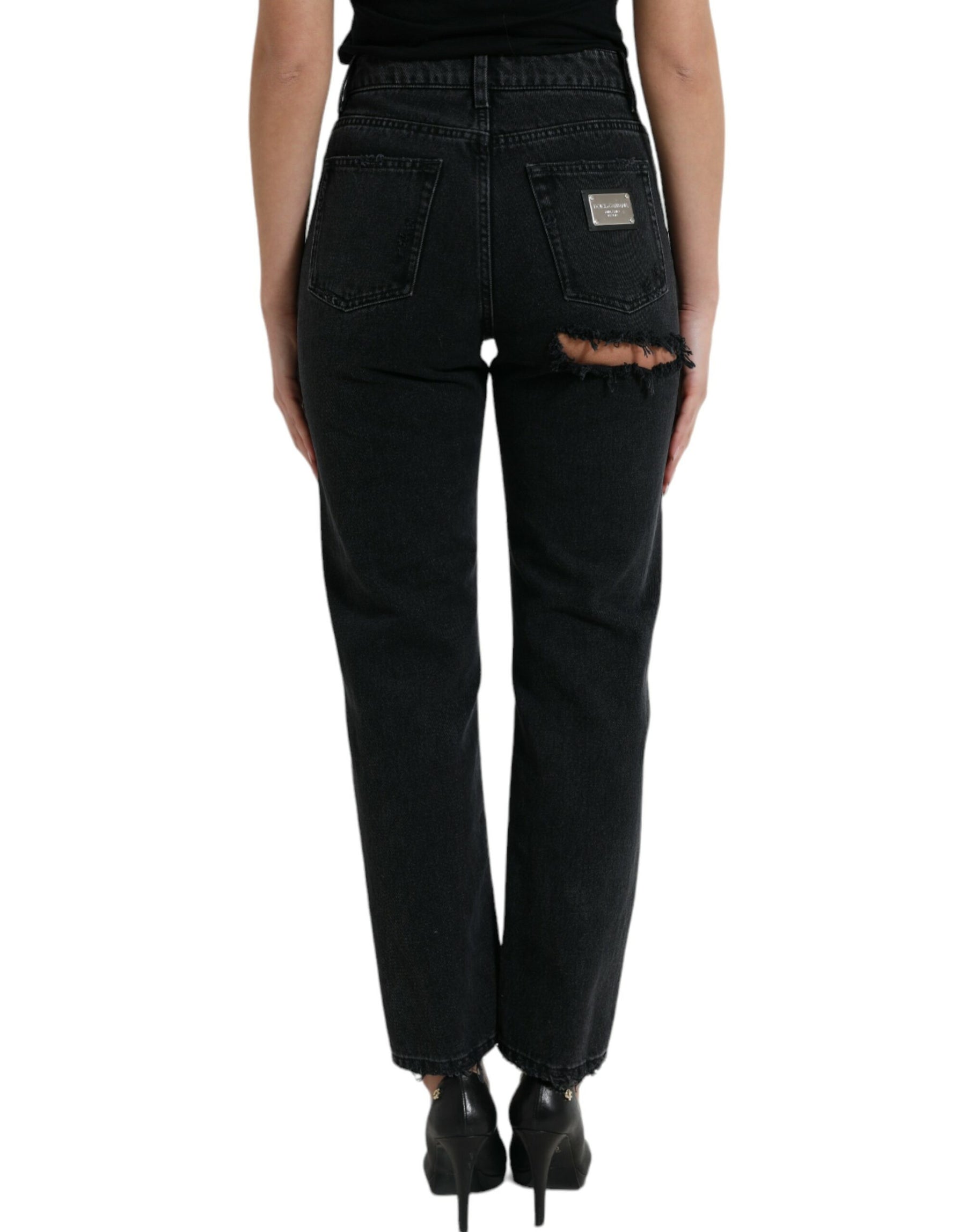 Dolce & Gabbana Black Cotton High Waist Tattered Denim Jeans | Regal Royce