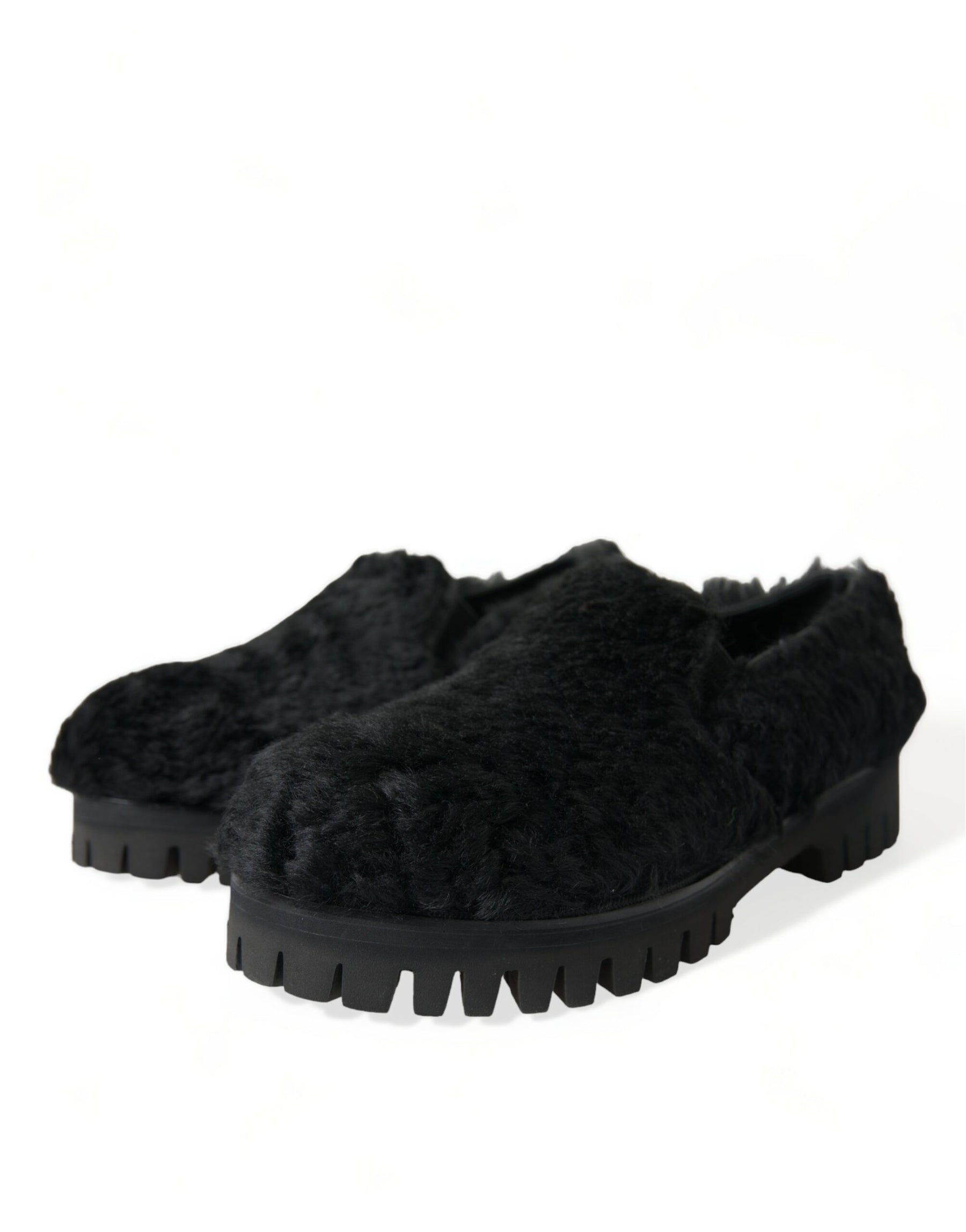 Dolce & Gabbana Black Fur Leather Slippers Dress Shoes | Regal Royce