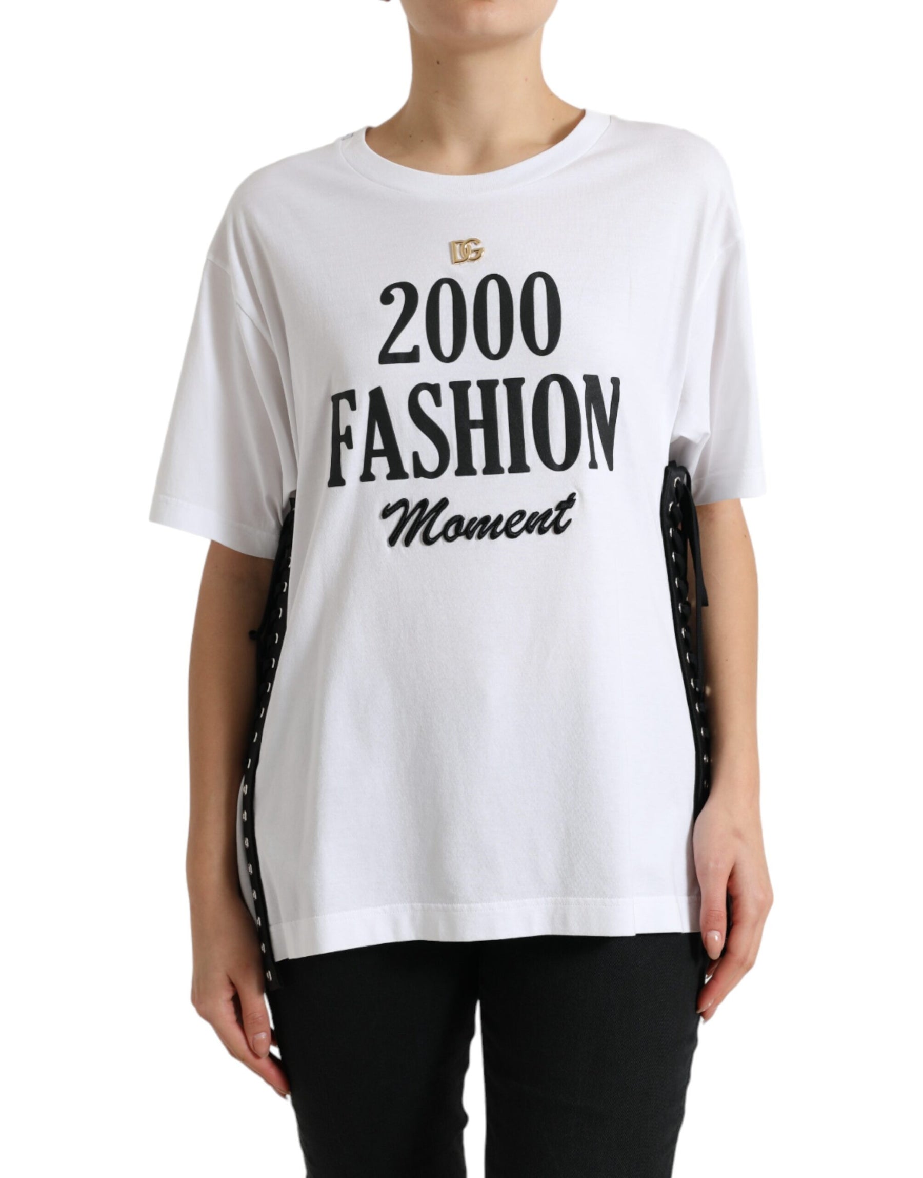 Dolce & Gabbana White Slogan Print Lacing Detailed T-shirt | Regal Royce
