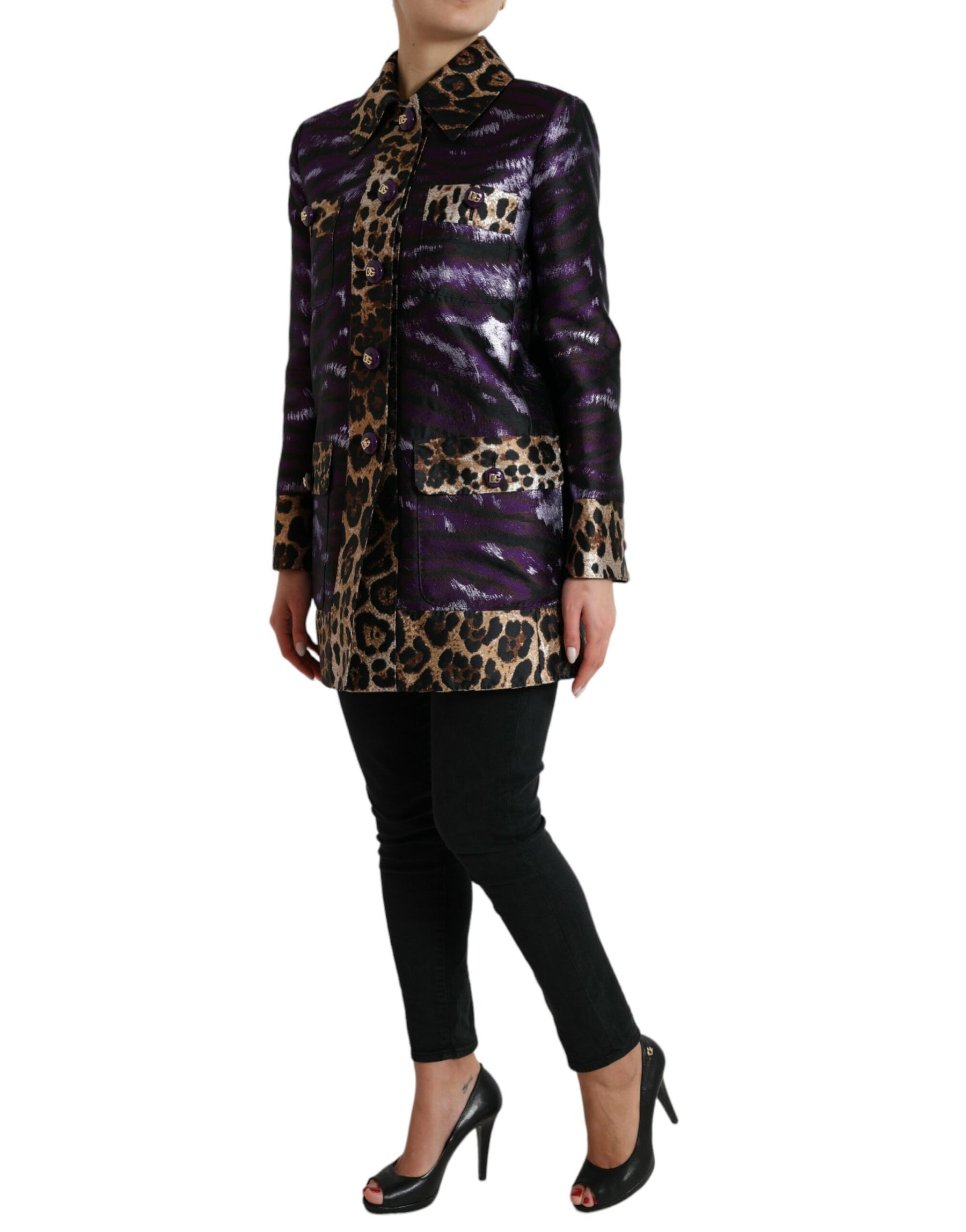 Dolce & Gabbana Purple Lamé Jacquard Tiger Print Coat Jacket | Regal Royce