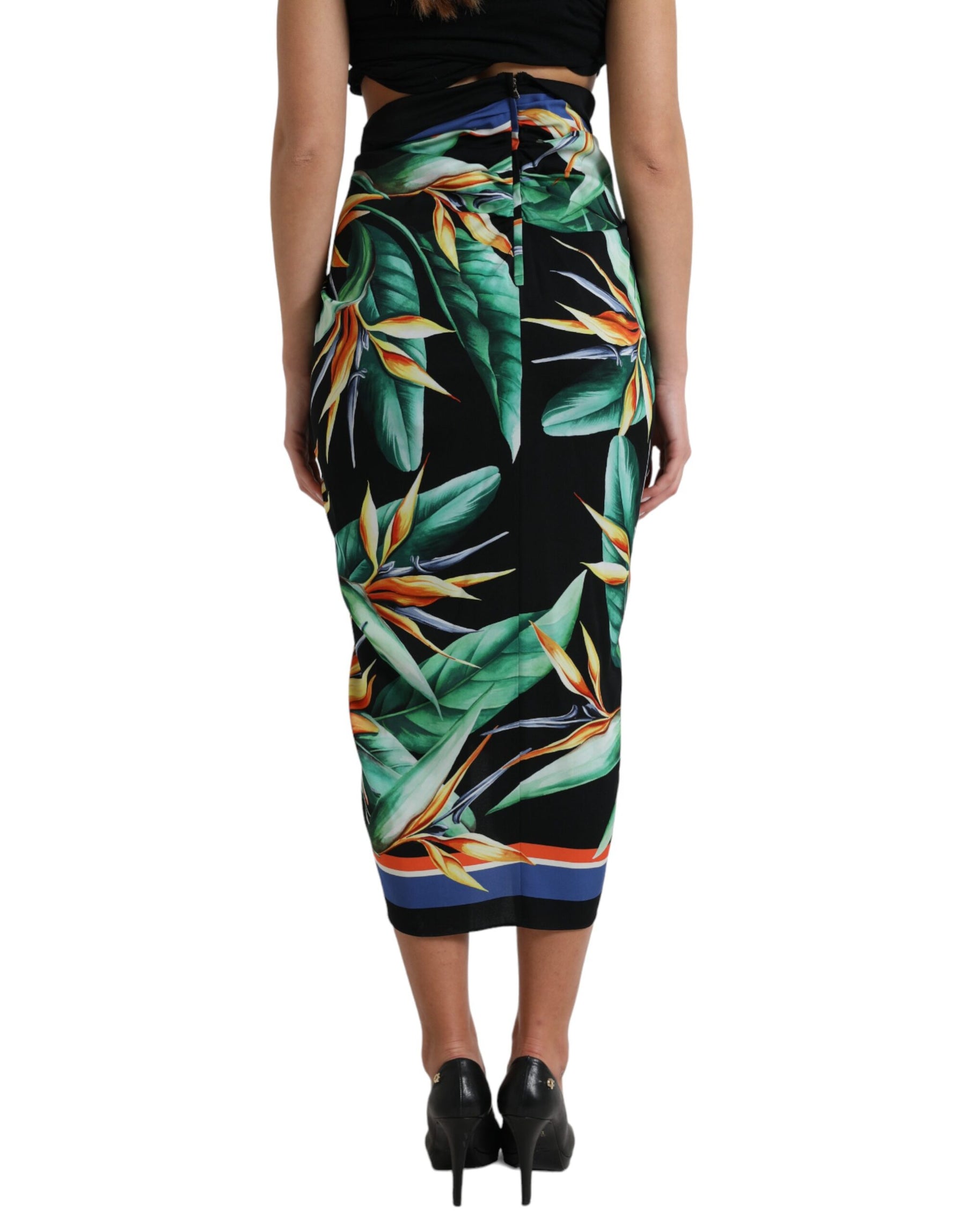 Dolce & Gabbana Black Strelitzia High Waist Wrap Midi Skirt | Regal Royce
