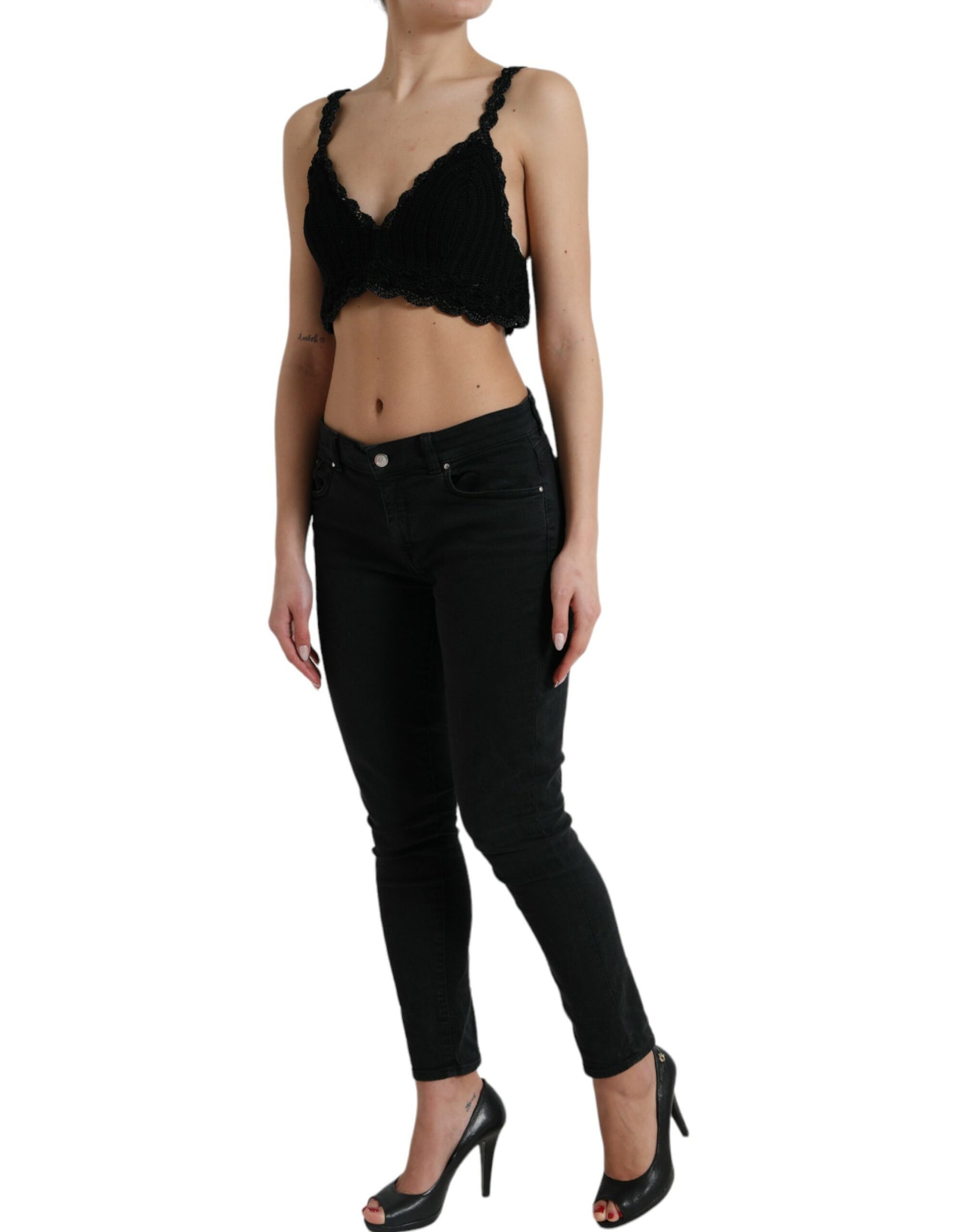 Dolce & Gabbana Black Cotton Bustier Cropped Crochet Tank Top | Regal Royce
