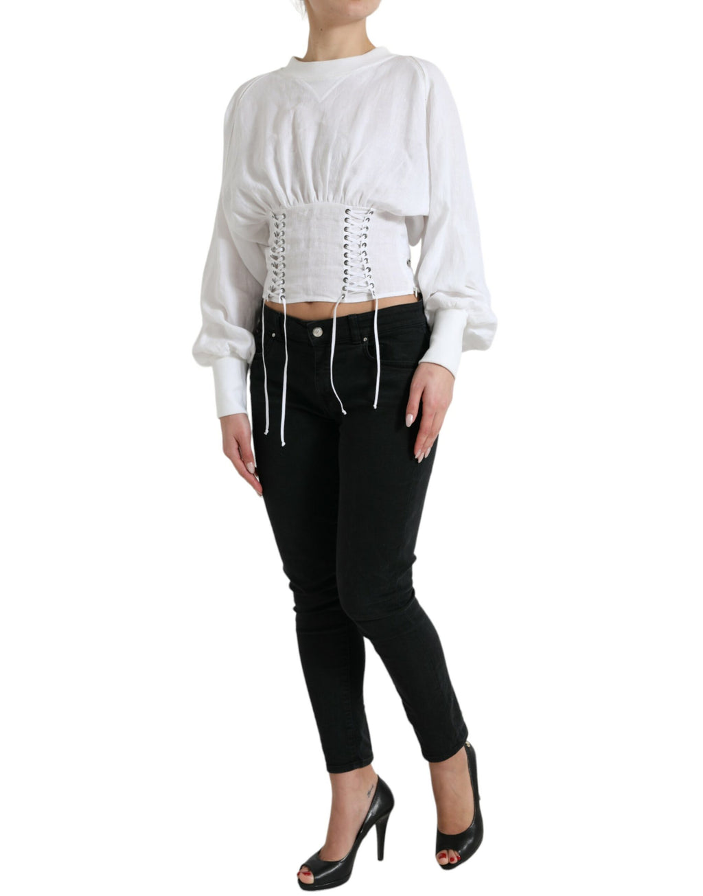 Dolce & Gabbana White Cotton Corset Cropped Long Sleeves Topclothing
