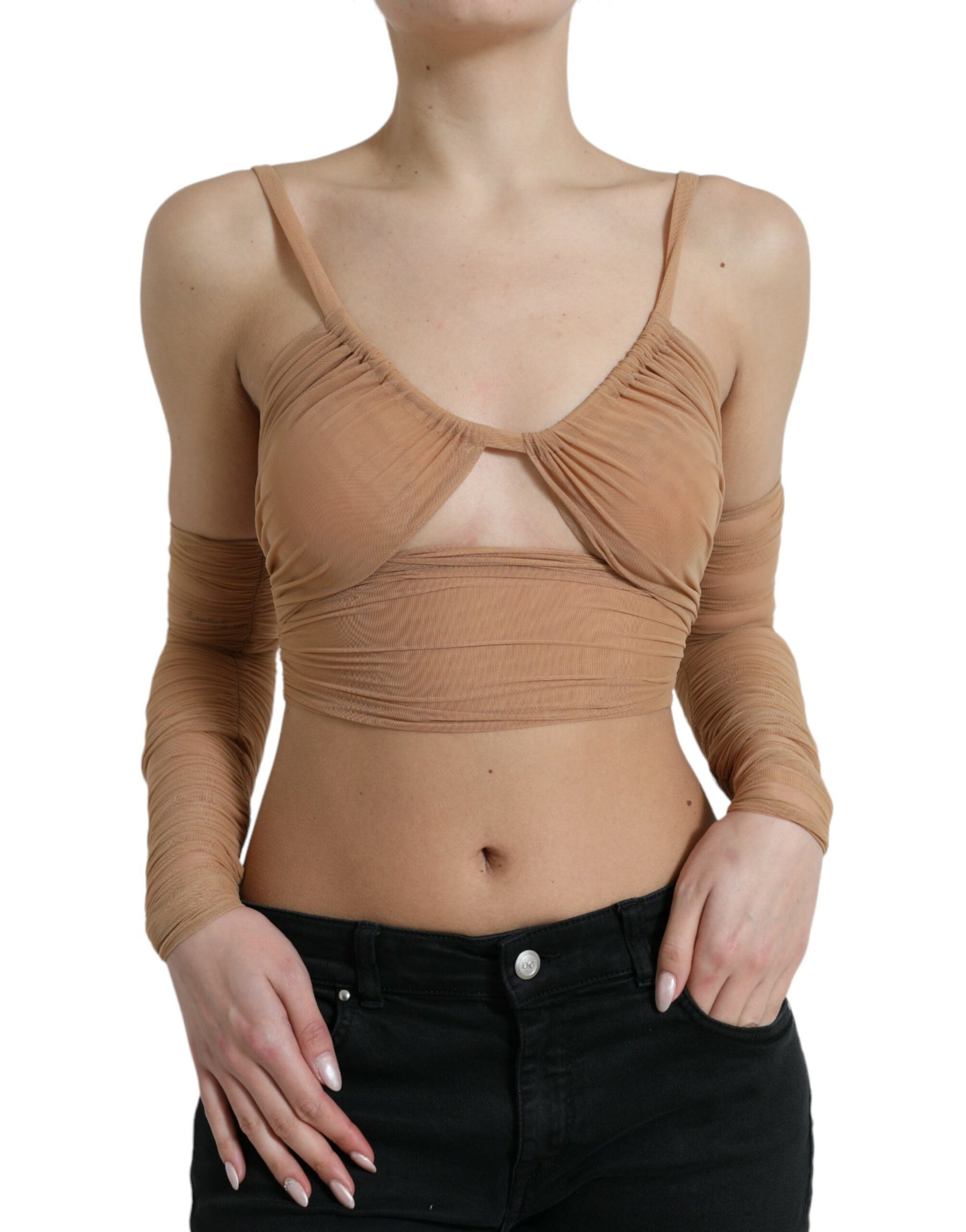 Dolce & Gabbana Brown Nylon Stretch Open Shoulder Cropped Top | Regal Royce