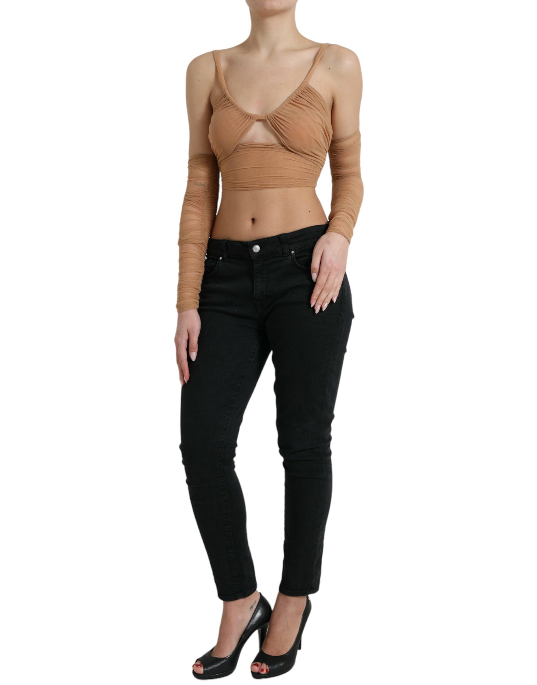Dolce & Gabbana Brown Nylon Stretch Open Shoulder Cropped Top | Regal Royce