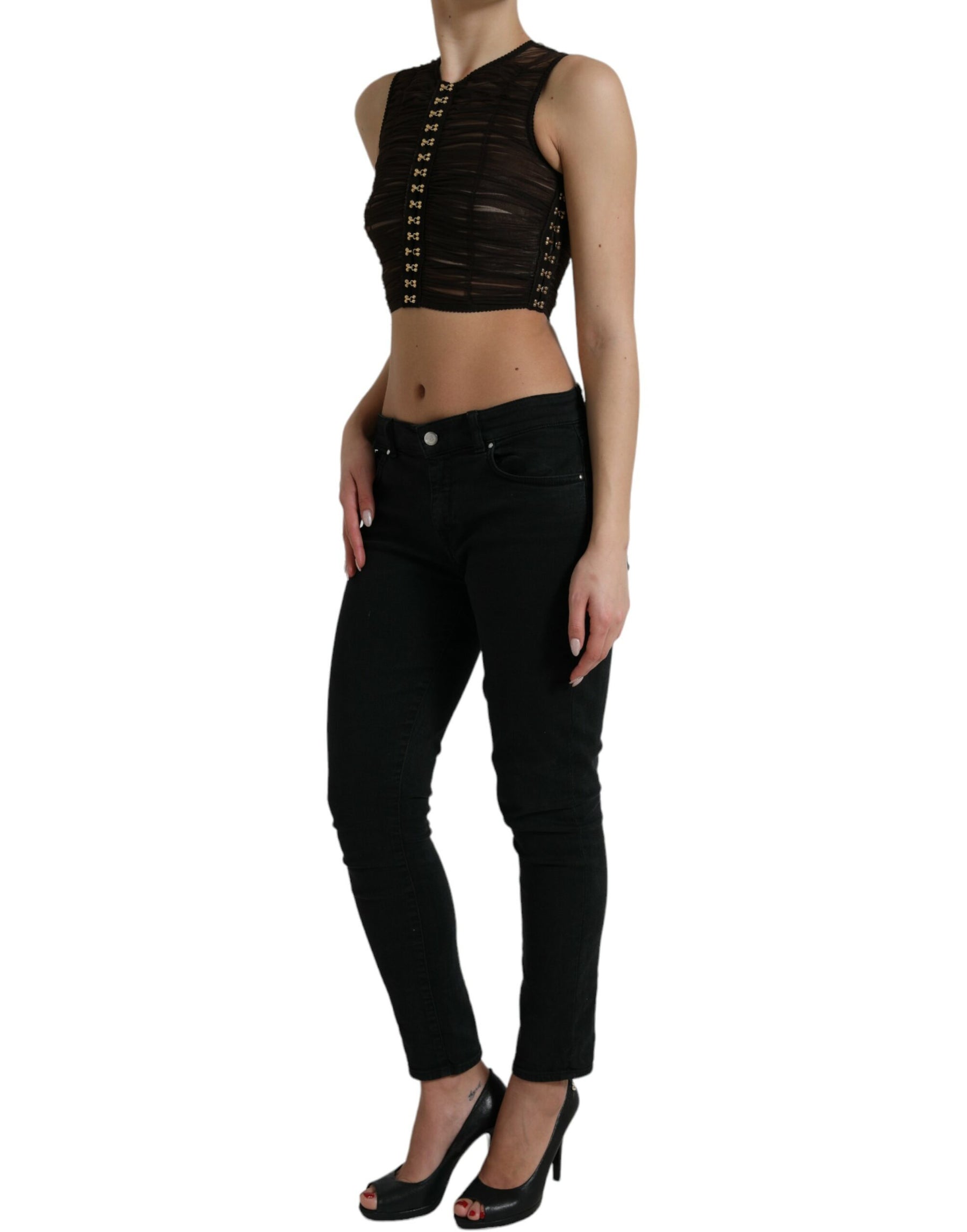 Dolce & Gabbana Brown Embellished Nylon Stretch Cropped Top | Regal Royce