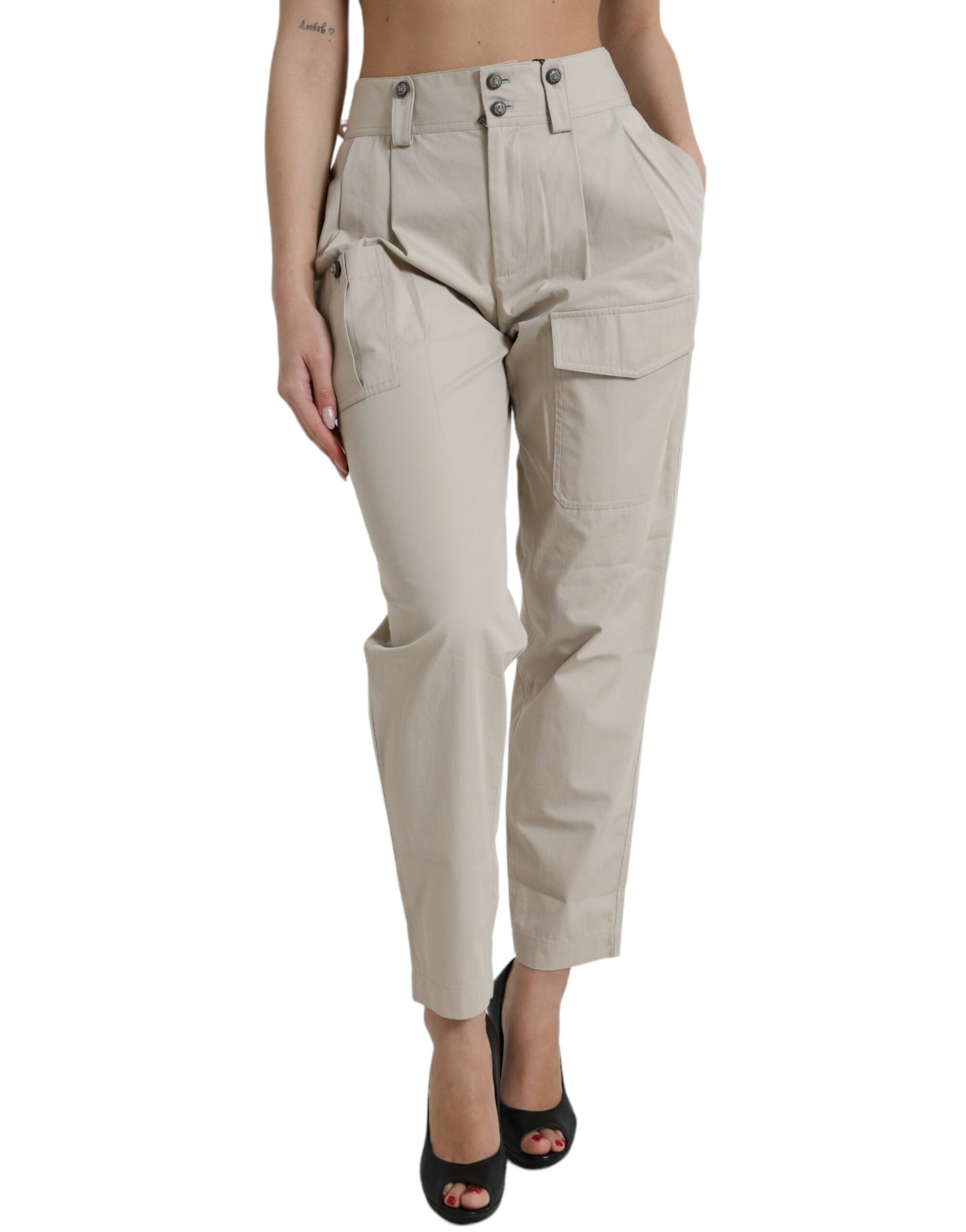 Dolce & Gabbana Beige Cotton High Waist Tapered Pants | Regal Royce