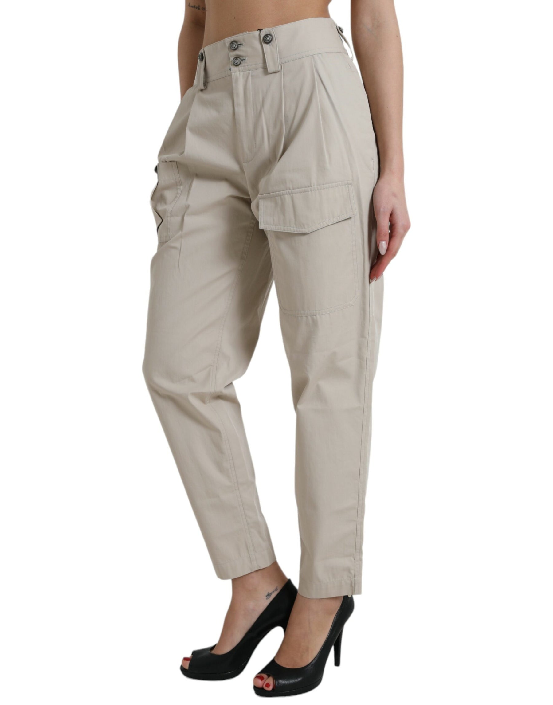 Dolce & Gabbana Beige Cotton High Waist Tapered Pants | Regal Royce