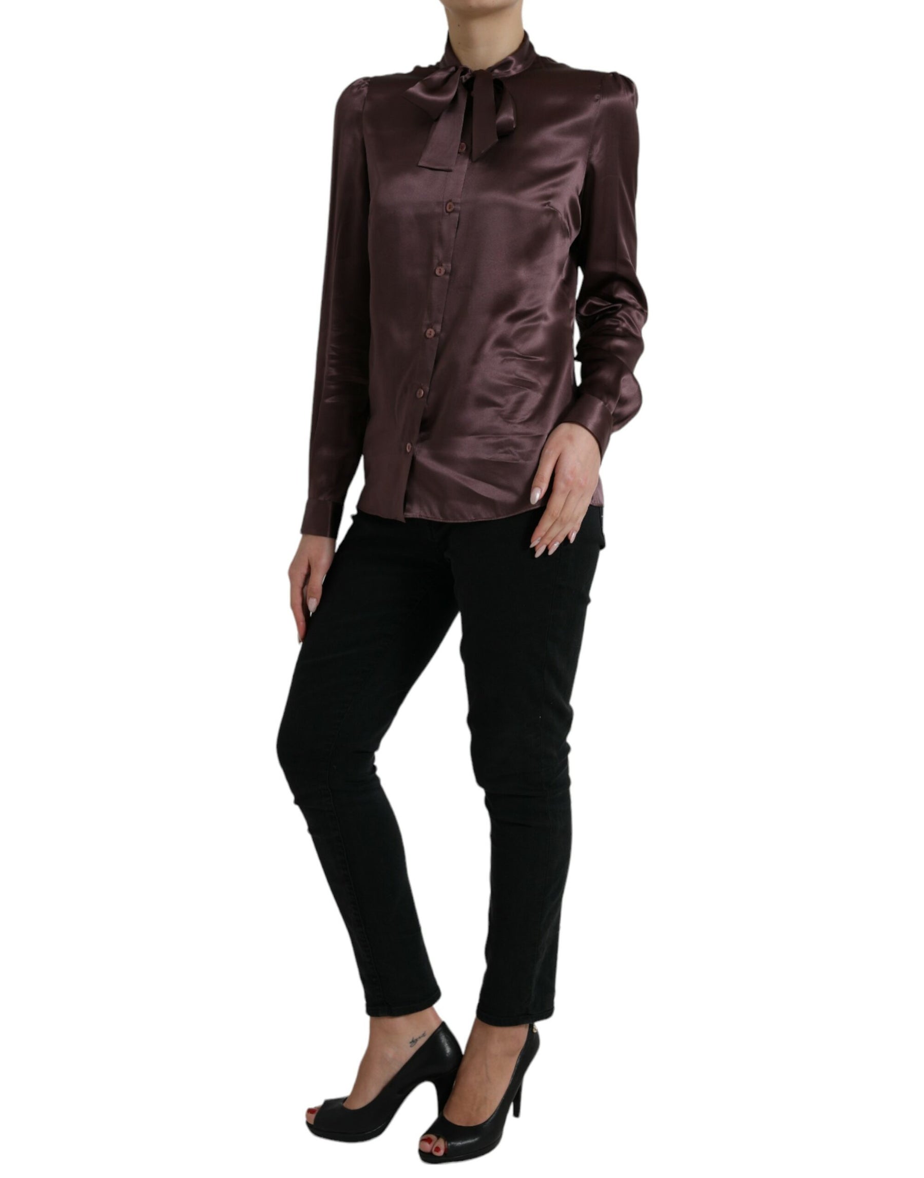 Dolce & Gabbana Brown Silk Ascot Collar Long Sleeve Blouse Top | Regal Royce