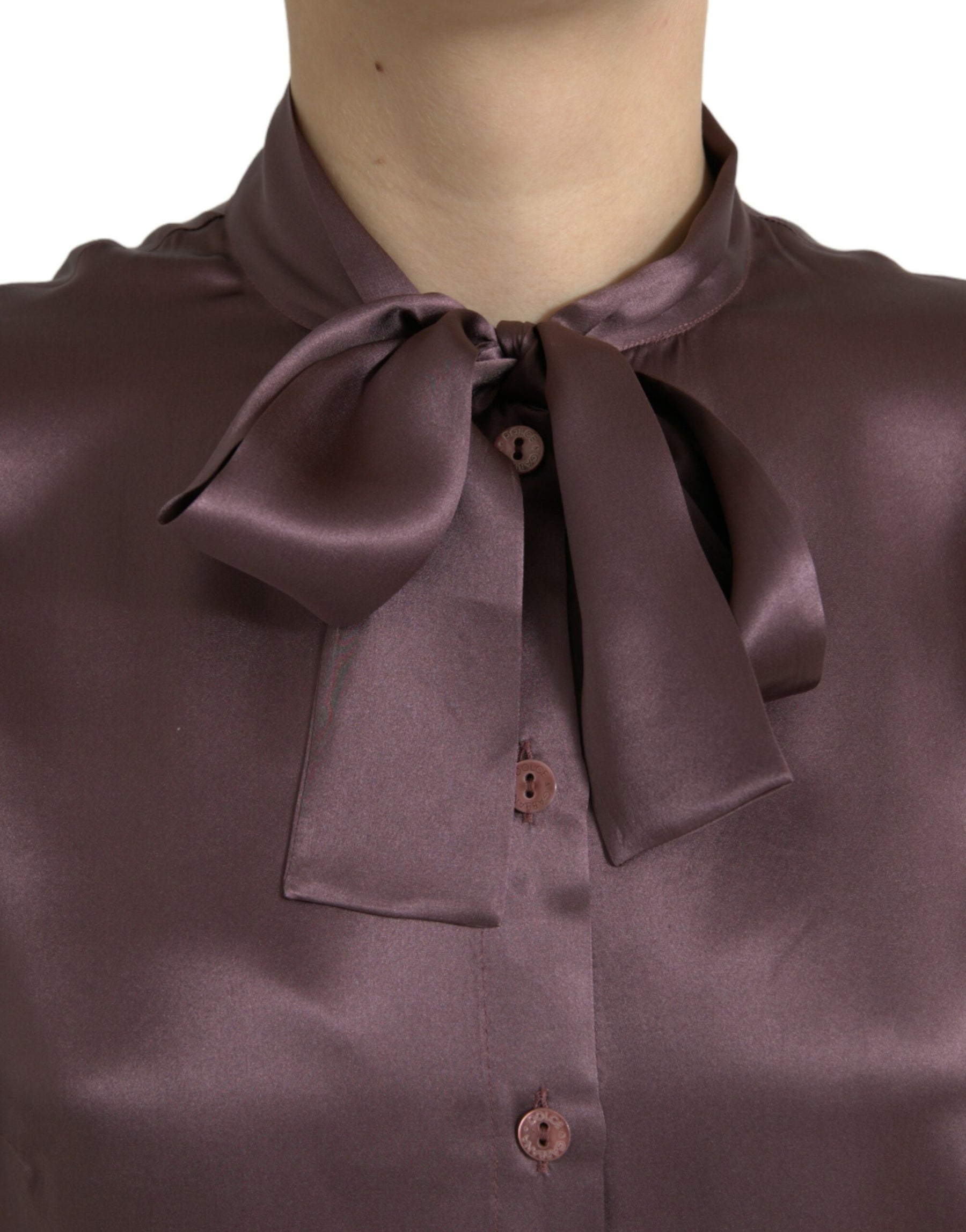 Dolce & Gabbana Brown Silk Ascot Collar Long Sleeve Blouse Top | Regal Royce