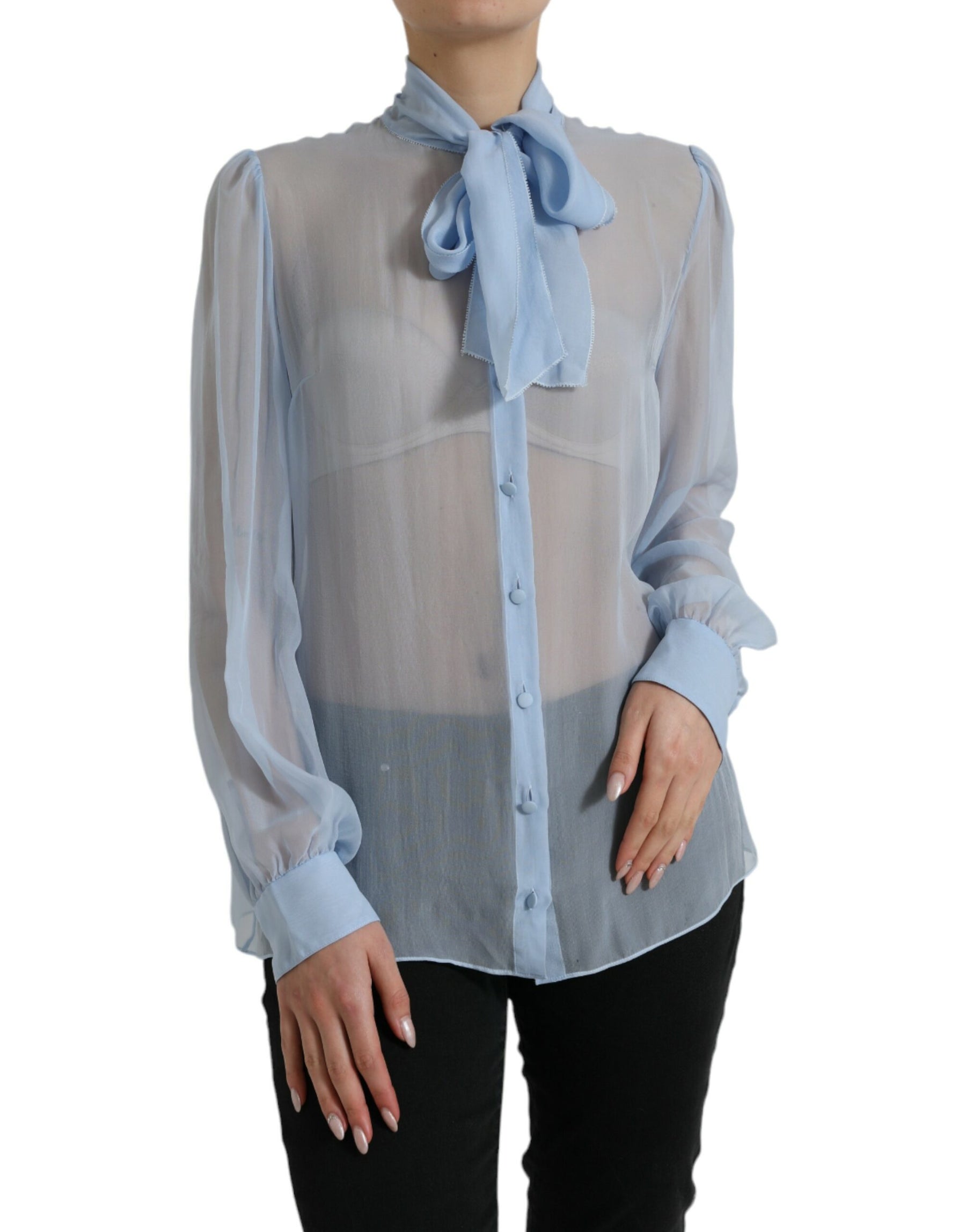 Dolce & Gabbana Blue Long Sleeves Ascot Collar Blouse Top | Regal Royce