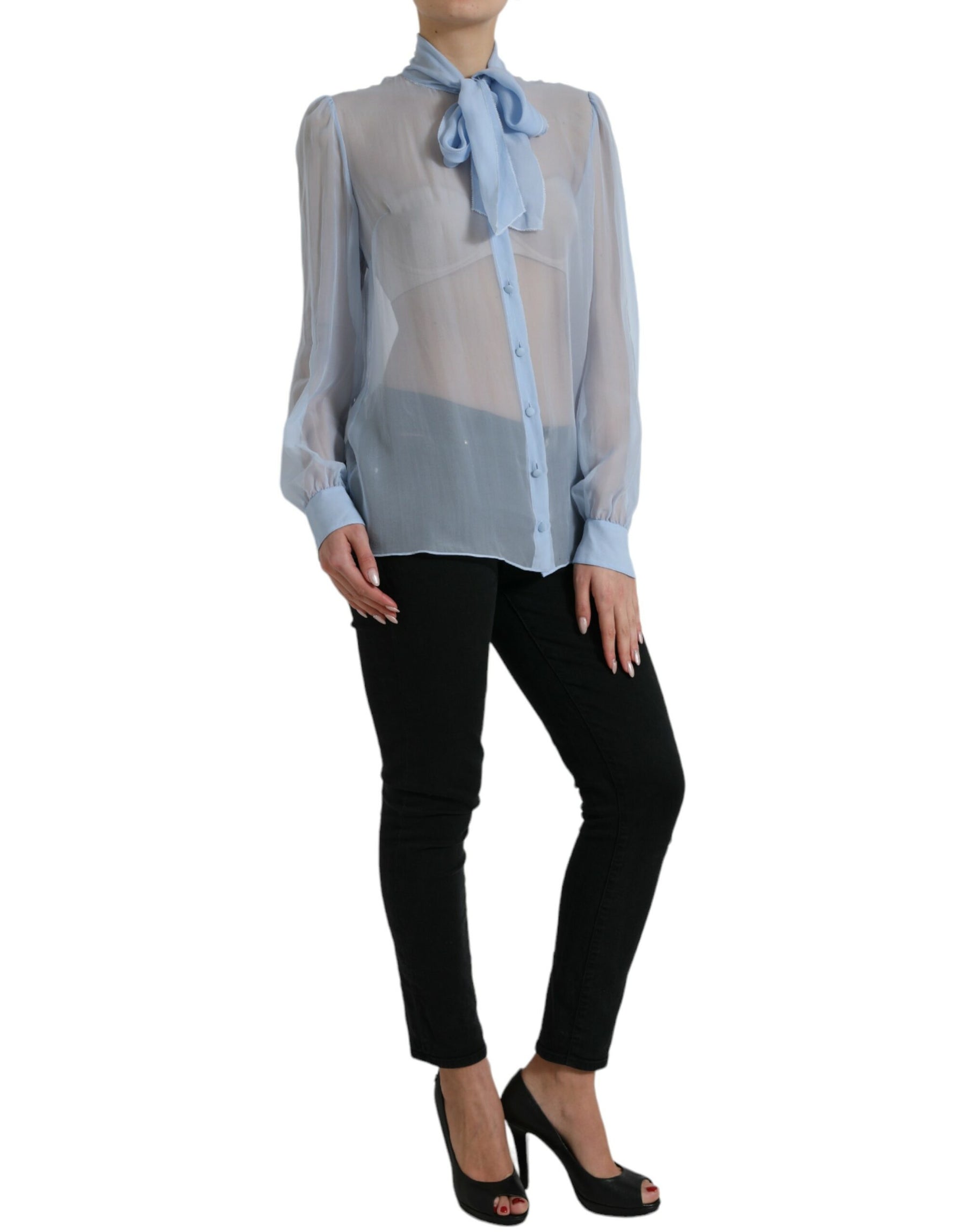 Dolce & Gabbana Blue Long Sleeves Ascot Collar Blouse Top | Regal Royce