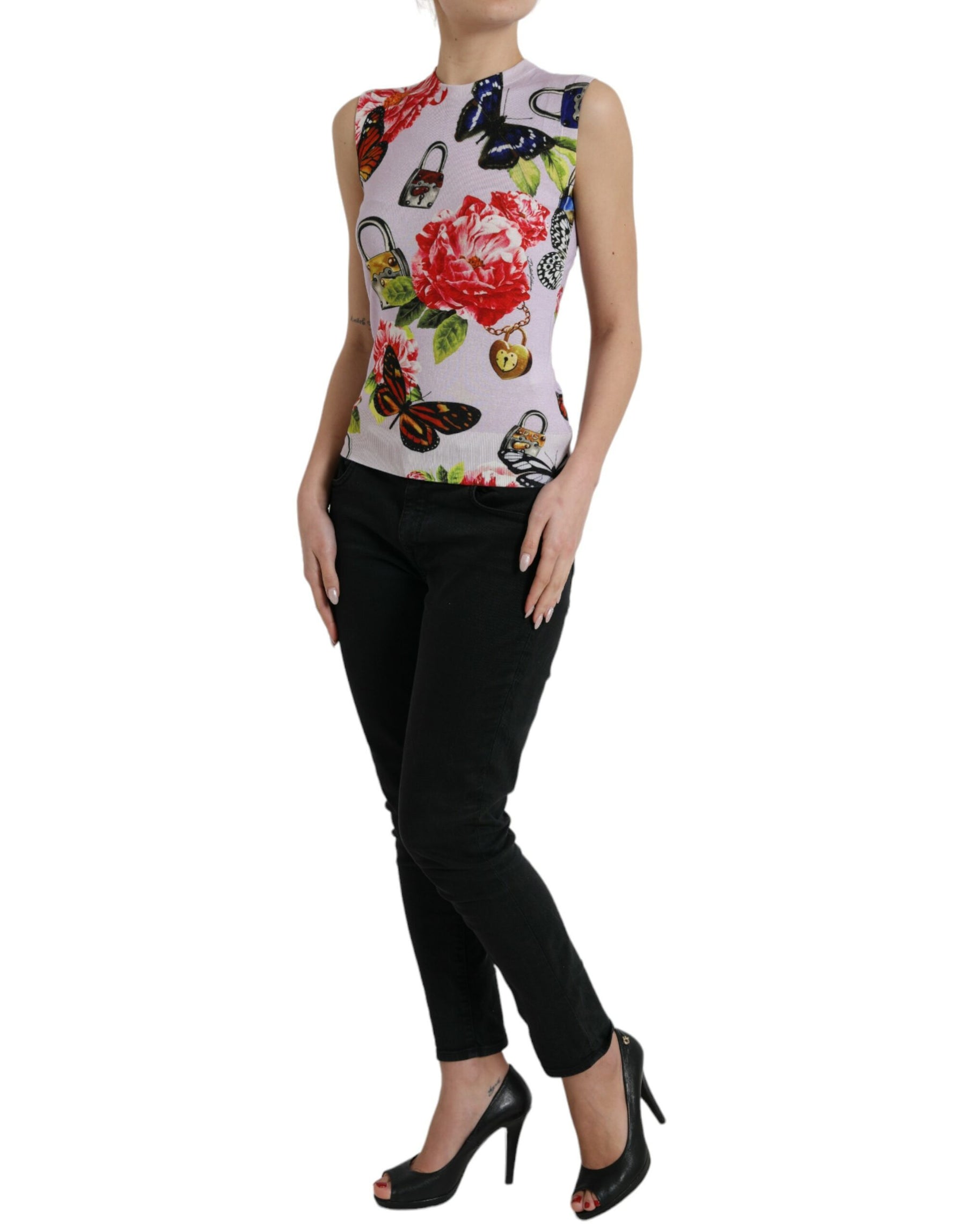 Dolce & Gabbana Multicolor Floral Padlock Butterfly Tank Top | Regal Royce