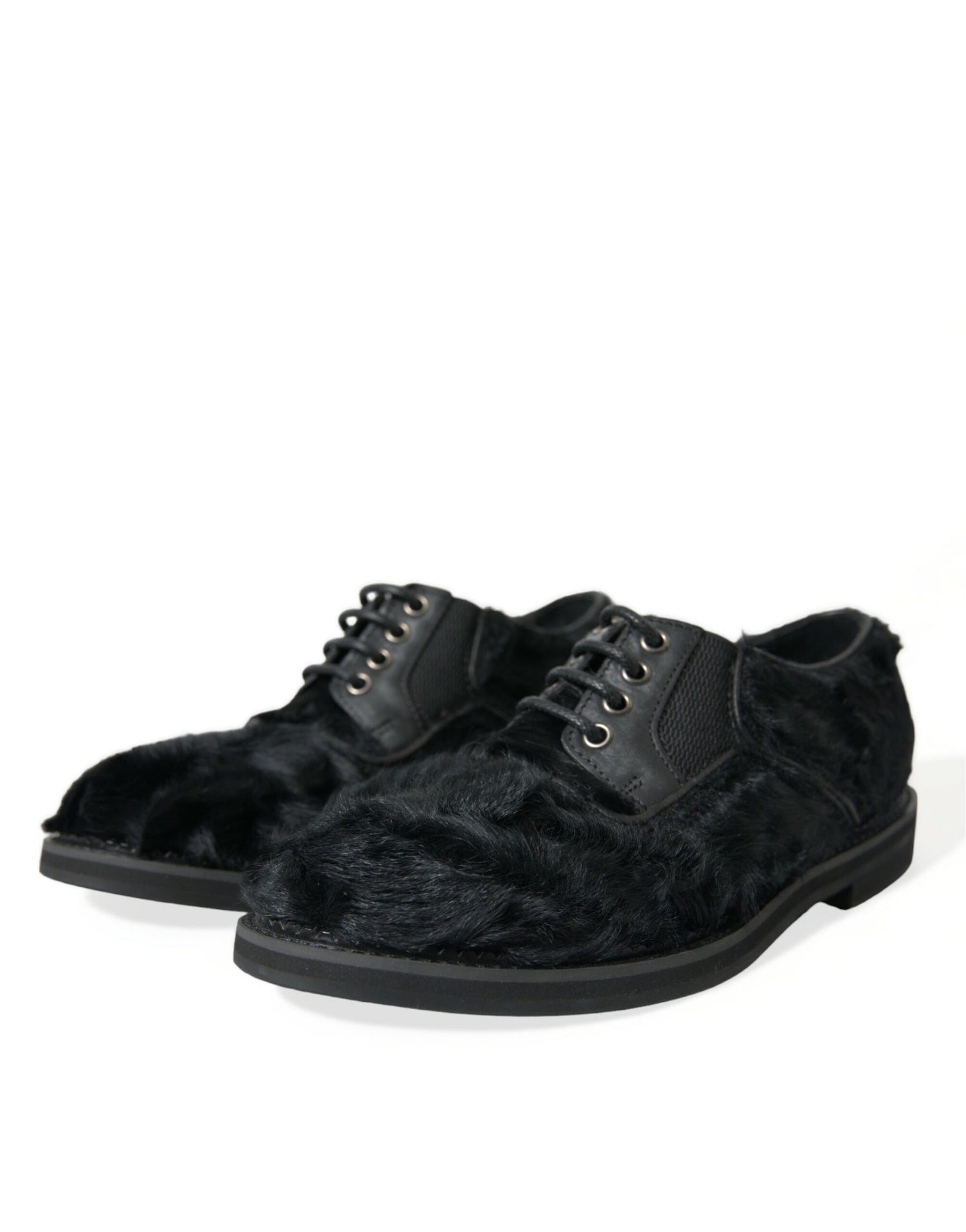 Dolce & Gabbana Black Fur Leather Lace Up Derby Dress Shoes | Regal Royce