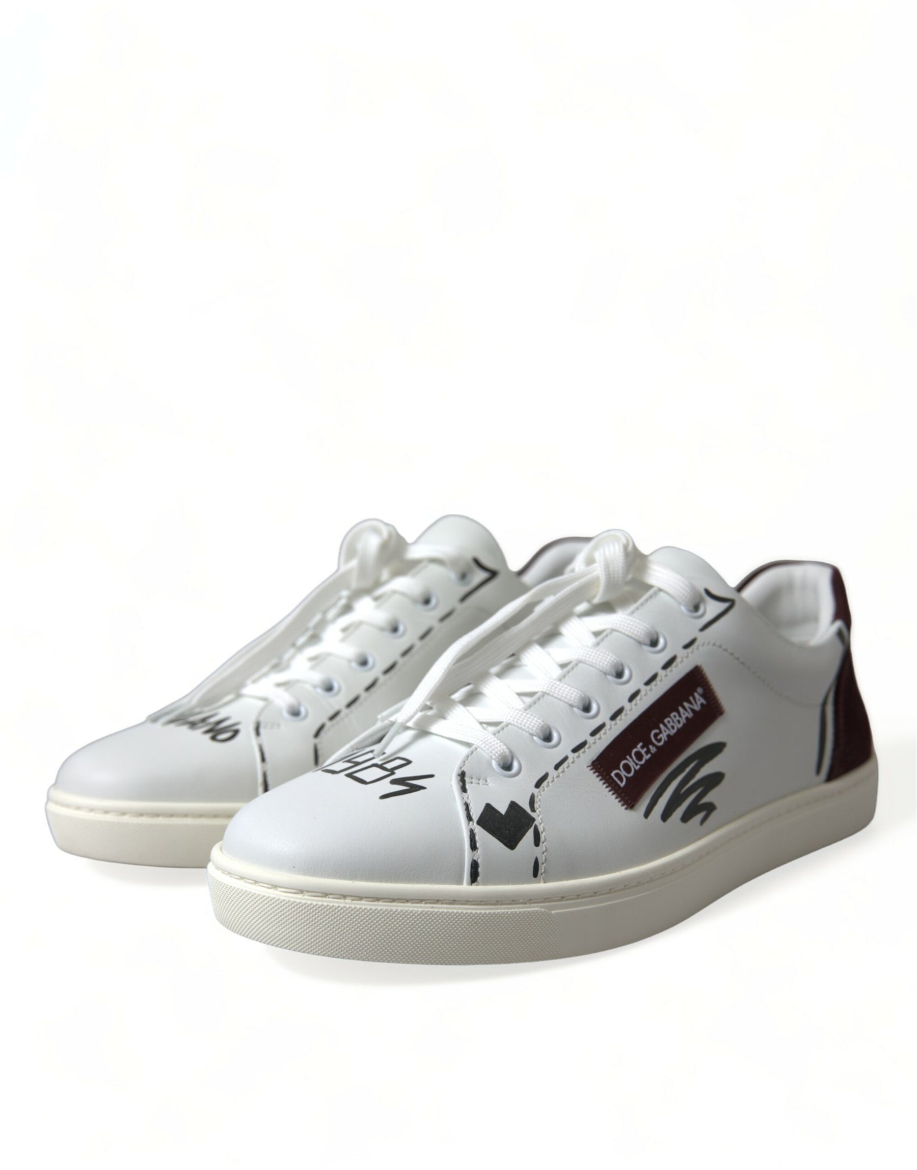 Dolce & Gabbana White Bordeaux Leather Logo Low Top Sneakers Shoes | Regal Royce