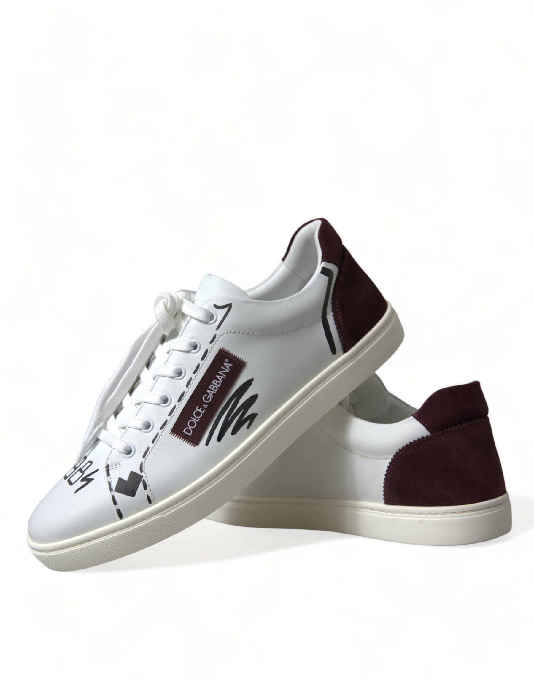 Dolce & Gabbana White Bordeaux Leather Logo Low Top Sneakers Shoes | Regal Royce